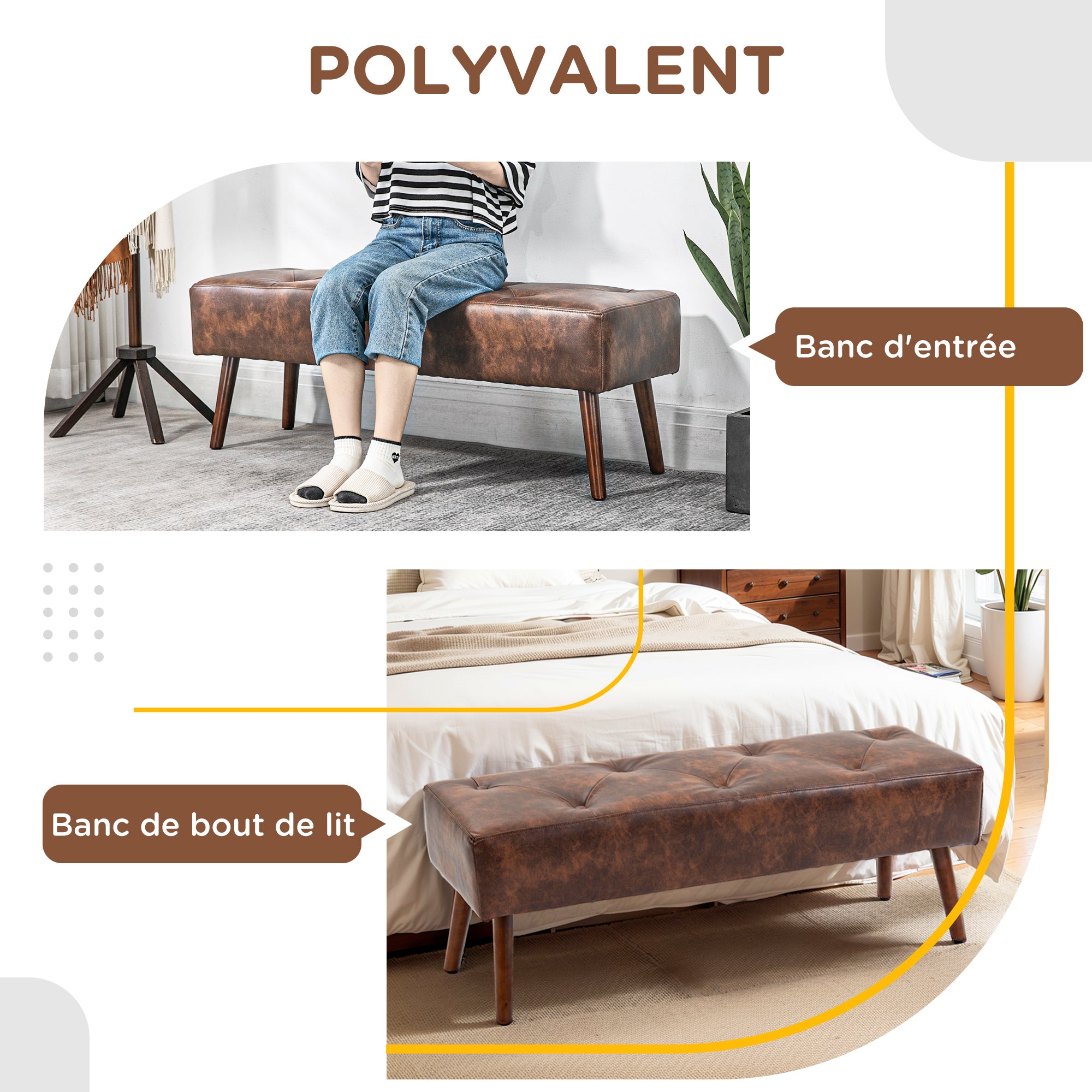 Banc bout de lit banquette capitonnée style vintage revêtement synthétique 114 x 38 x 42 cm piètement bois banc rembourré marron effet vieilli