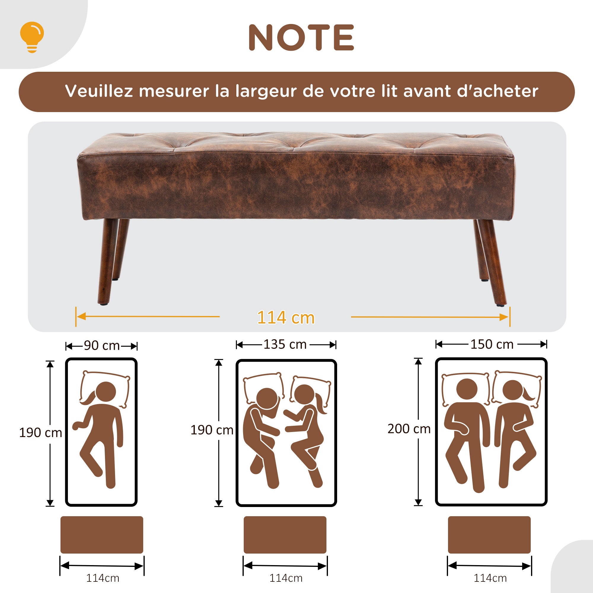 Banc bout de lit banquette capitonnée style vintage revêtement synthétique 114 x 38 x 42 cm piètement bois banc rembourré marron effet vieilli