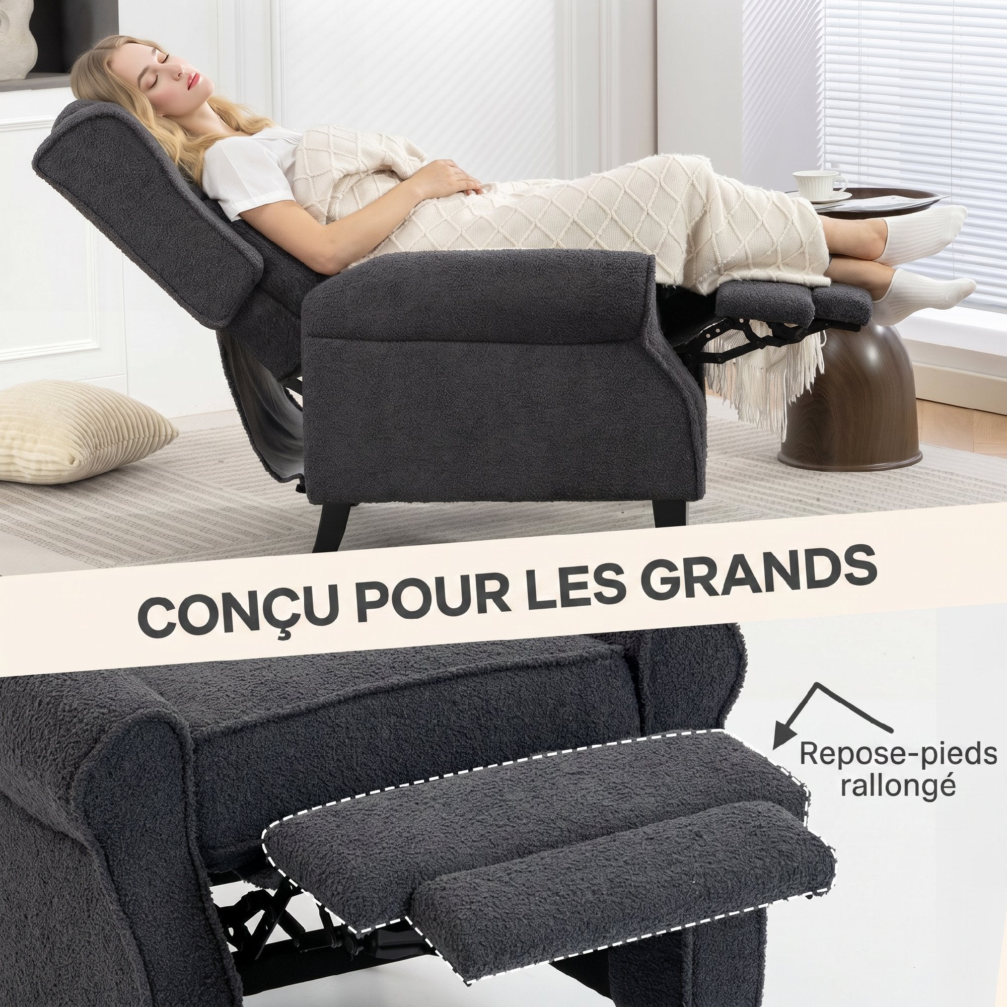 Fauteuil inclinable en polaire Teddy, fauteuil de relaxation avec repose-pieds extensible, assise rembourrée, Ressorts ensachés, pour salon, bureau, home cinéma, gris foncé
