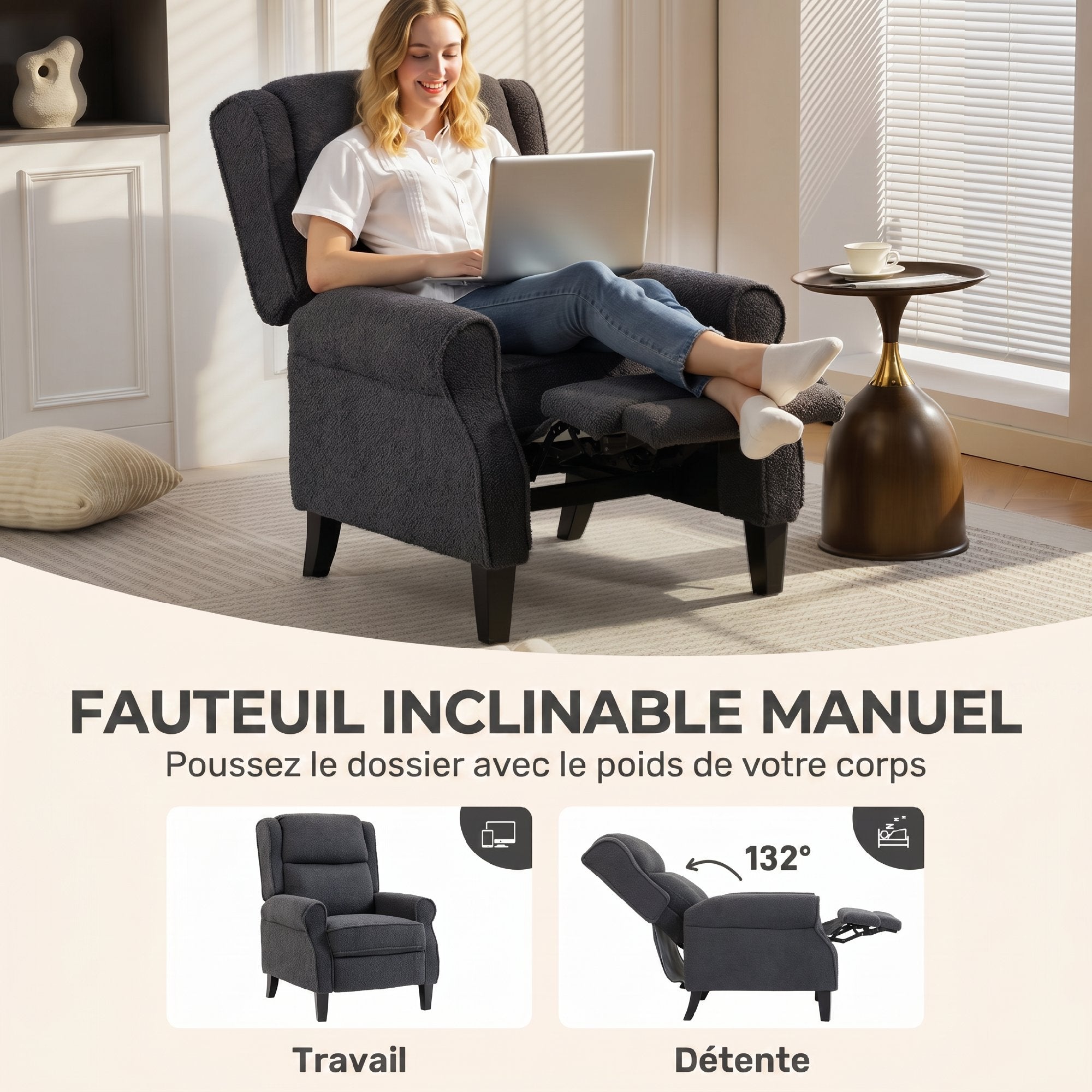 Fauteuil inclinable en polaire Teddy, fauteuil de relaxation avec repose-pieds extensible, assise rembourrée, Ressorts ensachés, pour salon, bureau, home cinéma, gris foncé