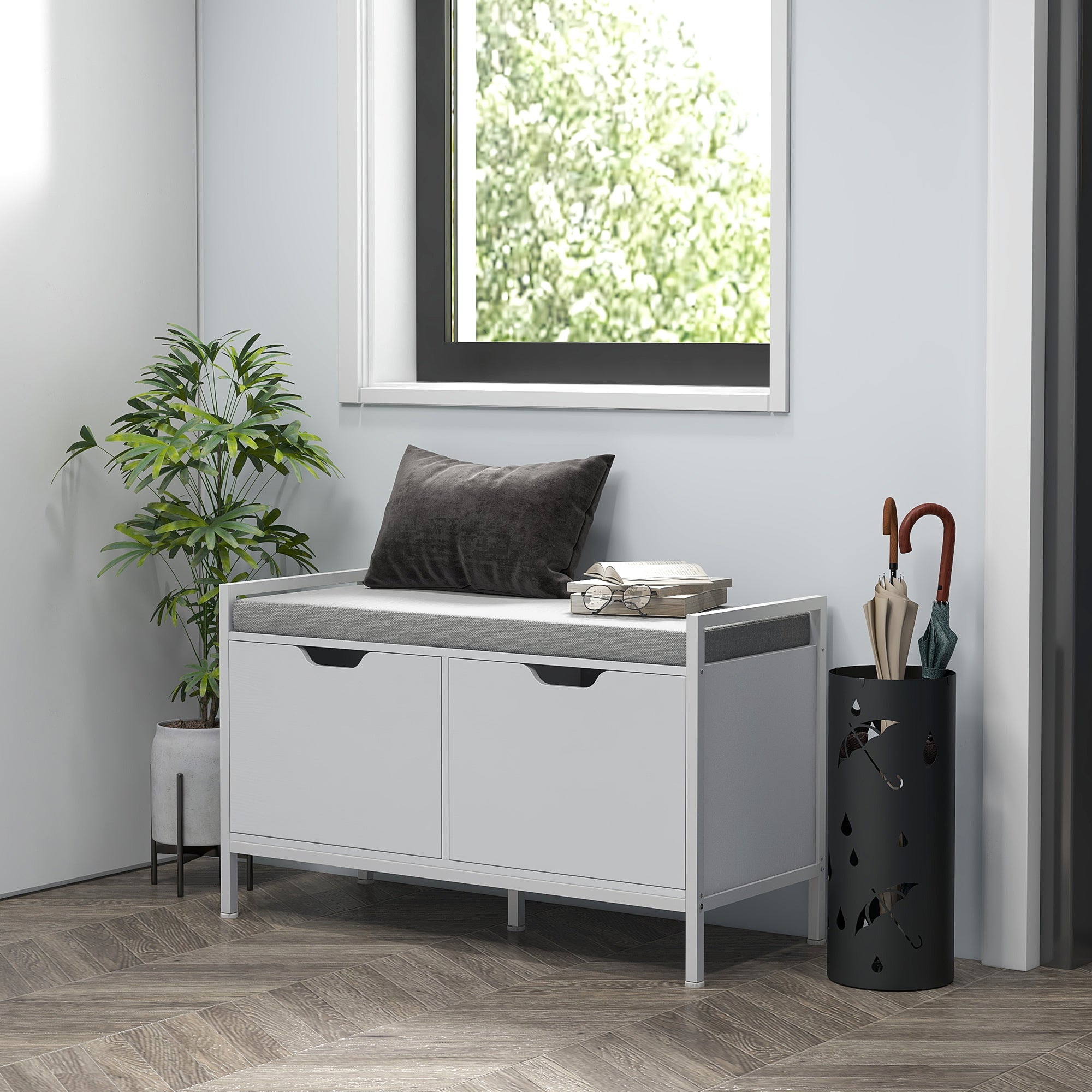 Banc à chaussures meuble à chaussures, 2 placards, meuble d'entrée avec coussin rembourrée, pour couloir, entrée, chambre, 84l x 35P x 50H cm, blanc