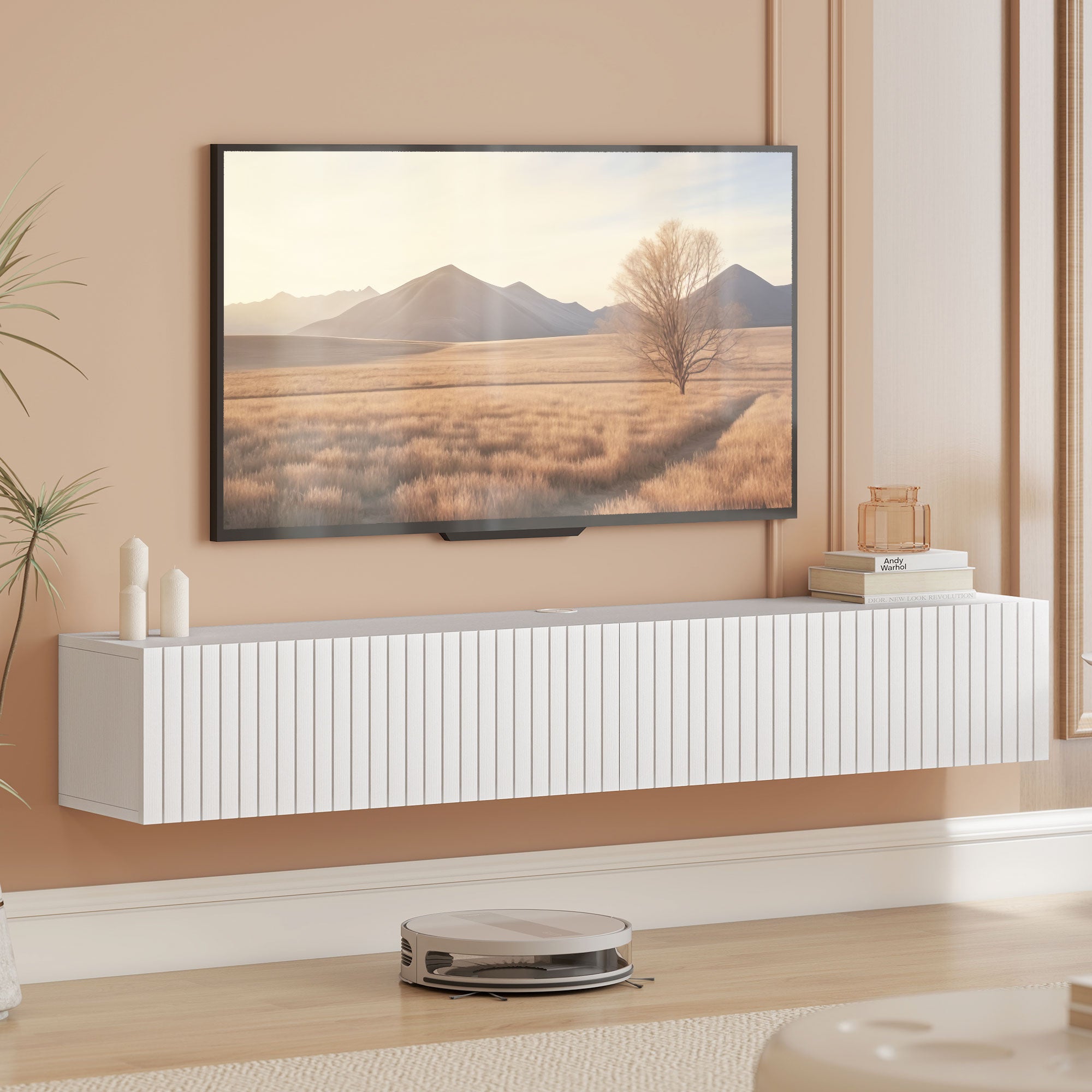 Meuble TV suspendu flottant 140 cm, meuble télé pour téléviseur jusqu'à 72 pouces avec 2 portes cannelées rabattables, banc TV mural pour salon, chambre à coucher, blanc