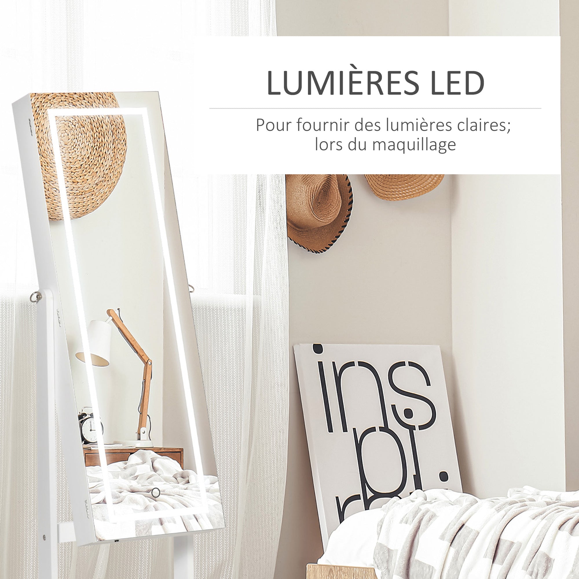 Armoire à bijoux LED avec miroir sur pied range bijoux avec éclairage à écran tactile blanc