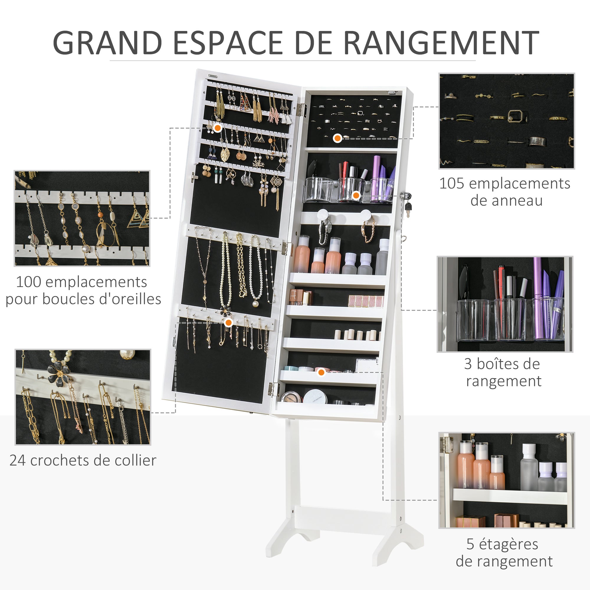 Armoire à bijoux LED avec miroir sur pied range bijoux avec éclairage à écran tactile blanc