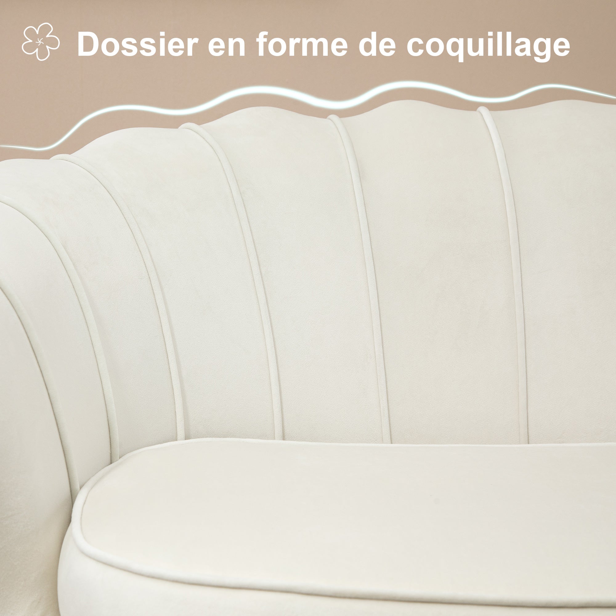 Canapé 2 places en tissu velours, petit canapé, en forme de coquillage, avec coussin épais de 10 cm, canapé, structure en métal, pieds dorés effilés, facile à assembler, crème