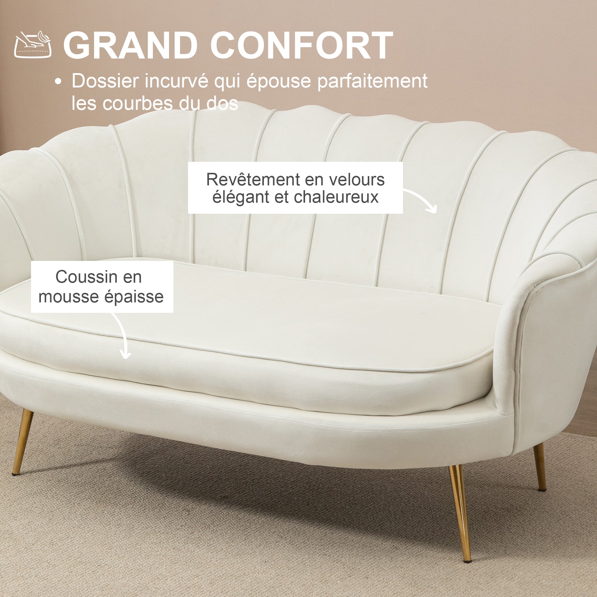 Canapé 2 places en tissu velours, petit canapé, en forme de coquillage, avec coussin épais de 10 cm, canapé, structure en métal, pieds dorés effilés, facile à assembler, crème