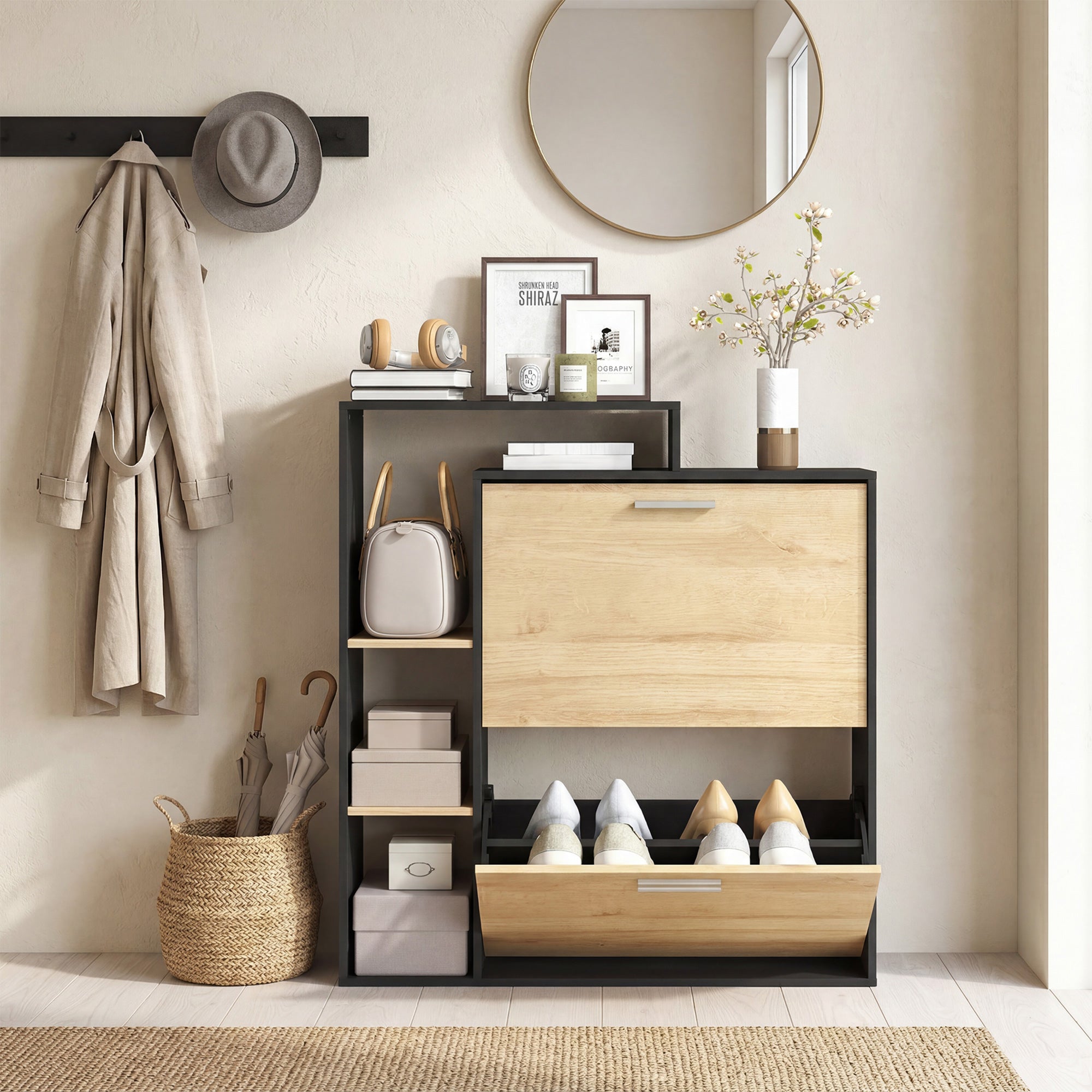 Meuble à chaussures 8 paires, armoire à chaussures étroite avec 2 tiroirs rabattables, 3 compartiments ouverts et étagères réglables, style moderne, pour couloir, entrée, 80x26x90cm, noir