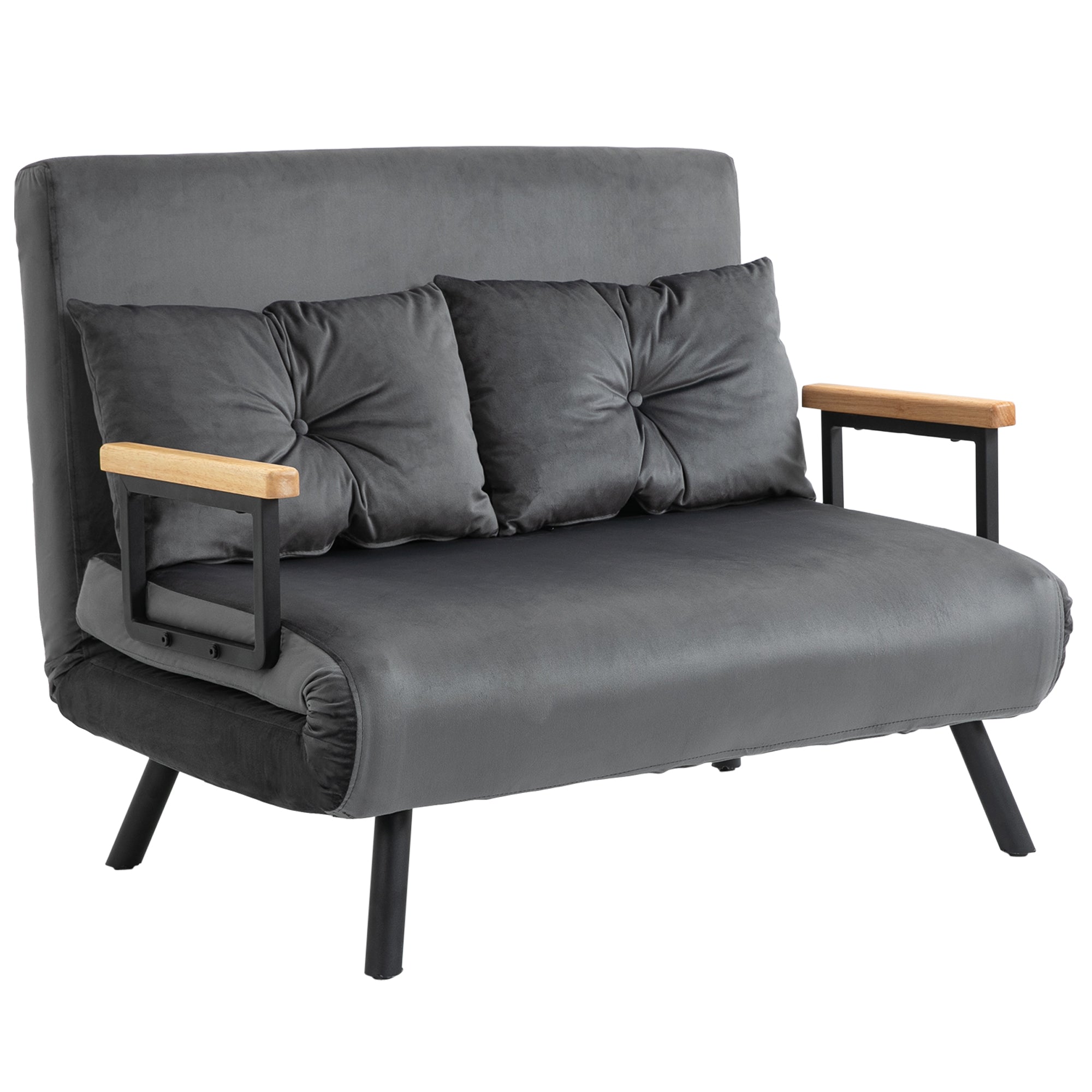 Canapé convertible 2 places 4 en 1, chauffeuse, fauteuil-lit pliant avec dossier réglable 5 niveaux et 2 coussins rembourrés, tissu effet velours pour salon, chambre d'amis, 102x73x81cm, gris