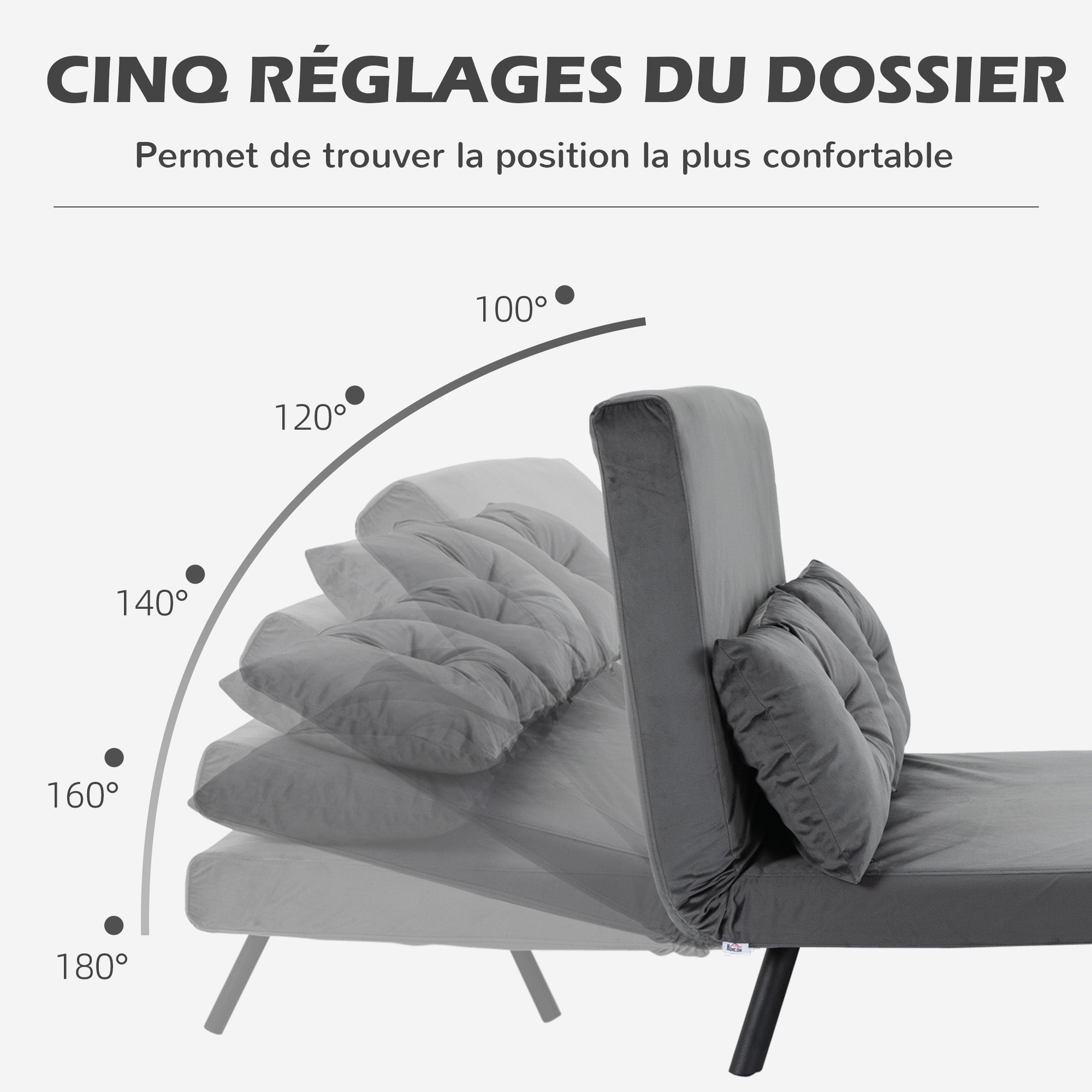 Canapé convertible 2 places 4 en 1, chauffeuse, fauteuil-lit pliant avec dossier réglable 5 niveaux et 2 coussins rembourrés, tissu effet velours pour salon, chambre d'amis, 102x73x81cm, gris