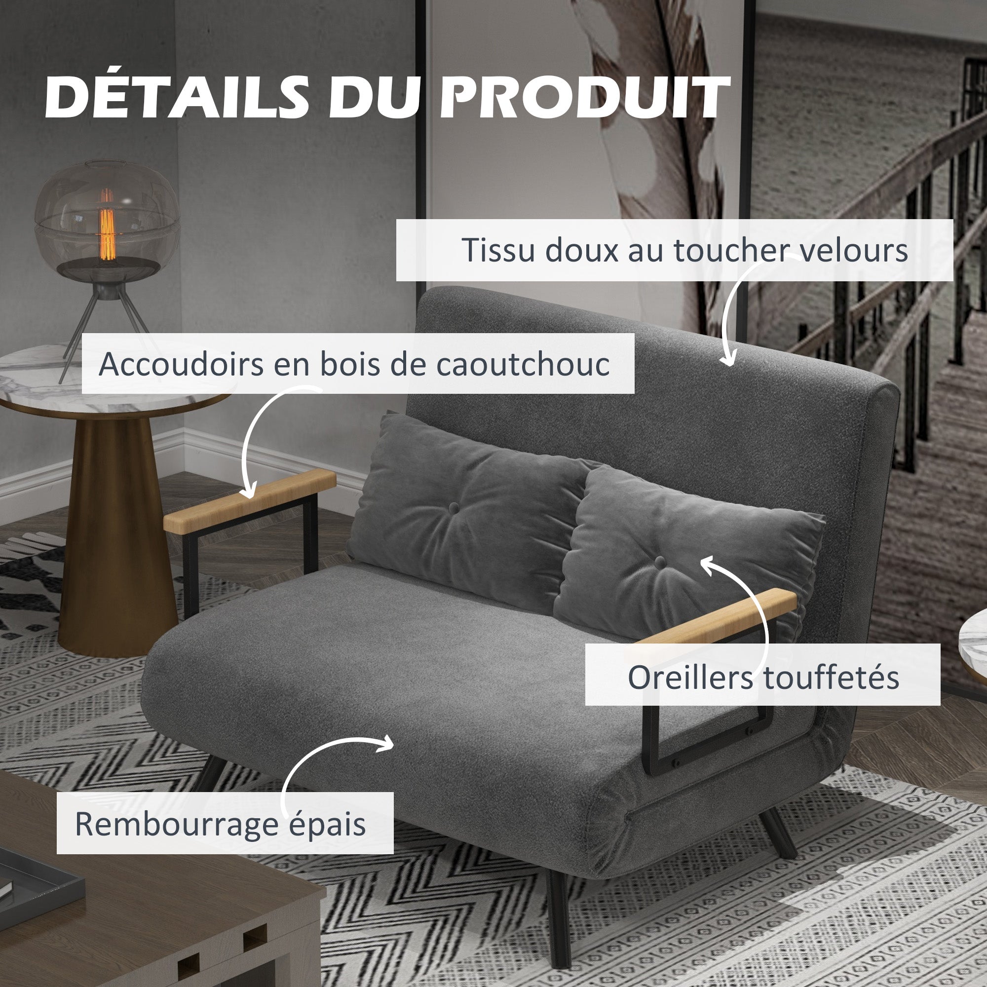 Canapé convertible 2 places 4 en 1, chauffeuse, fauteuil-lit pliant avec dossier réglable 5 niveaux et 2 coussins rembourrés, tissu effet velours pour salon, chambre d'amis, 102x73x81cm, gris