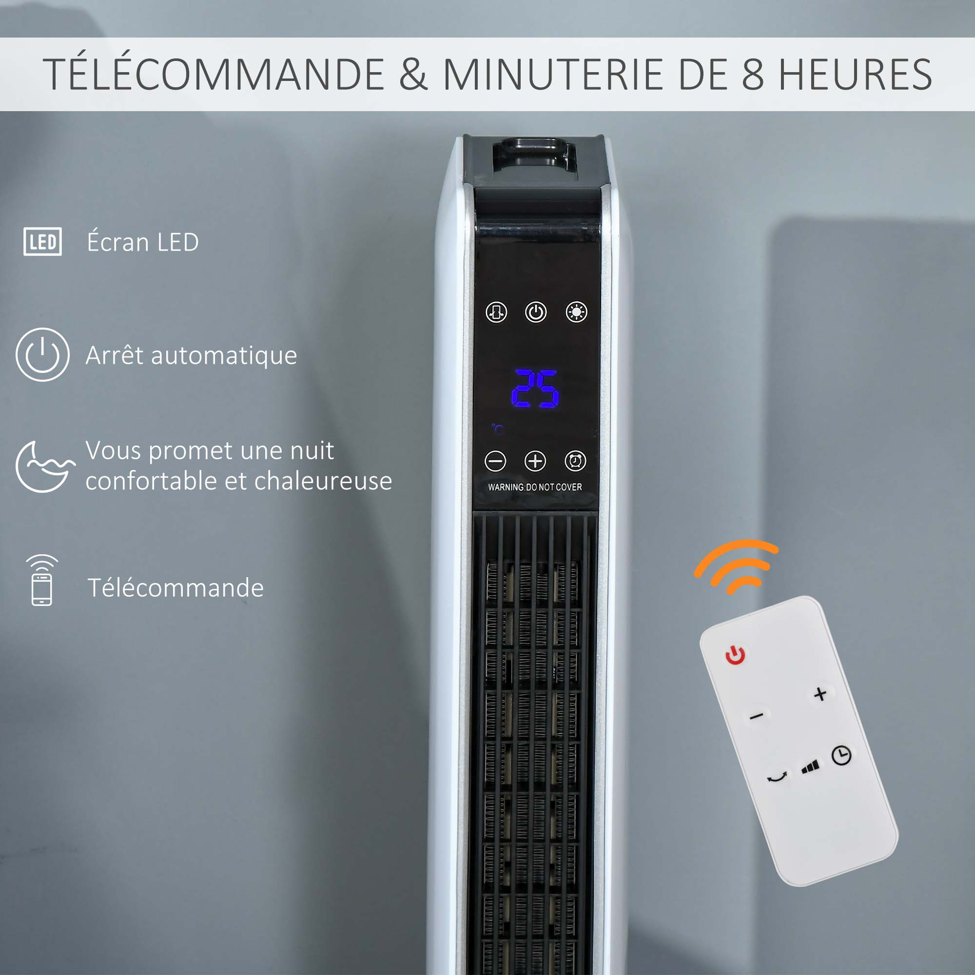 Radiateur électrique Chauffage soufflant oscillant 1100/2200 W, céramique PTC, télécommande incluse, chauffage d'appoint, minuterie 8h, 21 x 21 x 73 cm