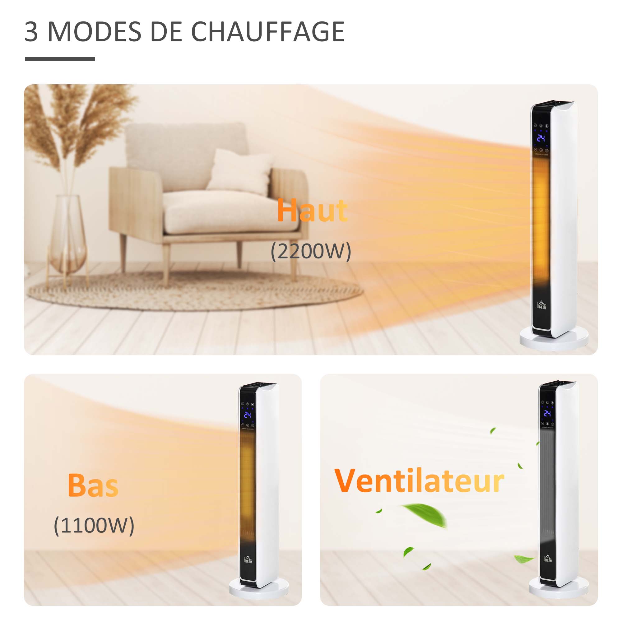 Radiateur électrique Chauffage soufflant oscillant 1100/2200 W, céramique PTC, télécommande incluse, chauffage d'appoint, minuterie 8h, 21 x 21 x 73 cm