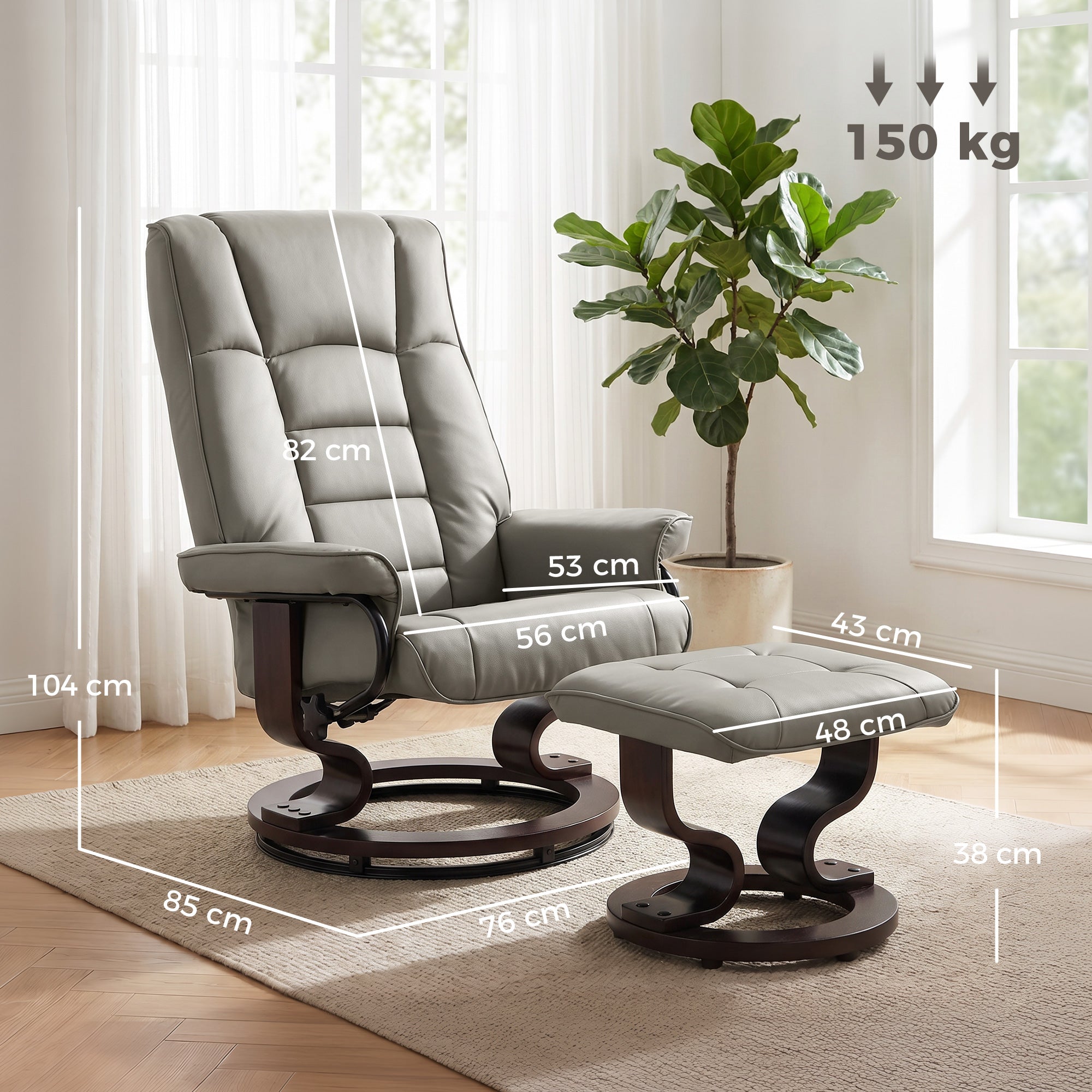 Fauteuil de relaxation inclinable avec repose-pied fauteuil relax de salon pivotant, cadre en bois revêtement synthétique 76 x 85 x 104 cm gris