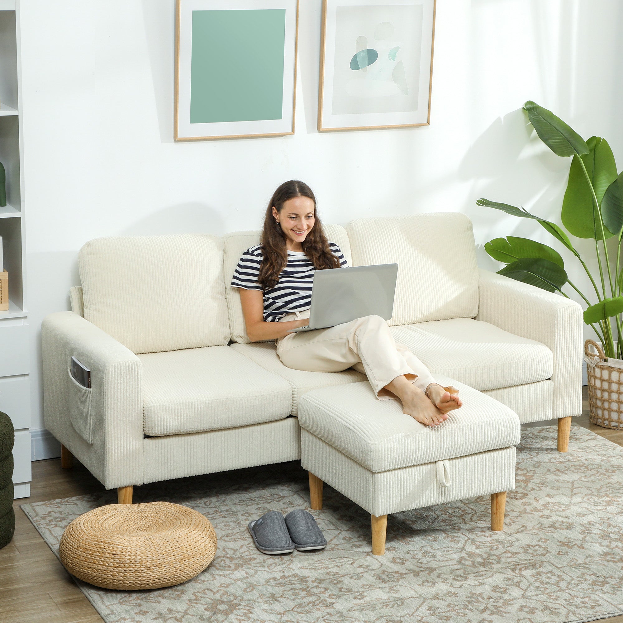 Canapé 3 places avec repose-pieds, canapé en velours côtelé 192 cm, design moderne, tabouret de rangement, coussins à ressorts, assise et dossier rembourrés, pour salon, chambre, bureau, beige