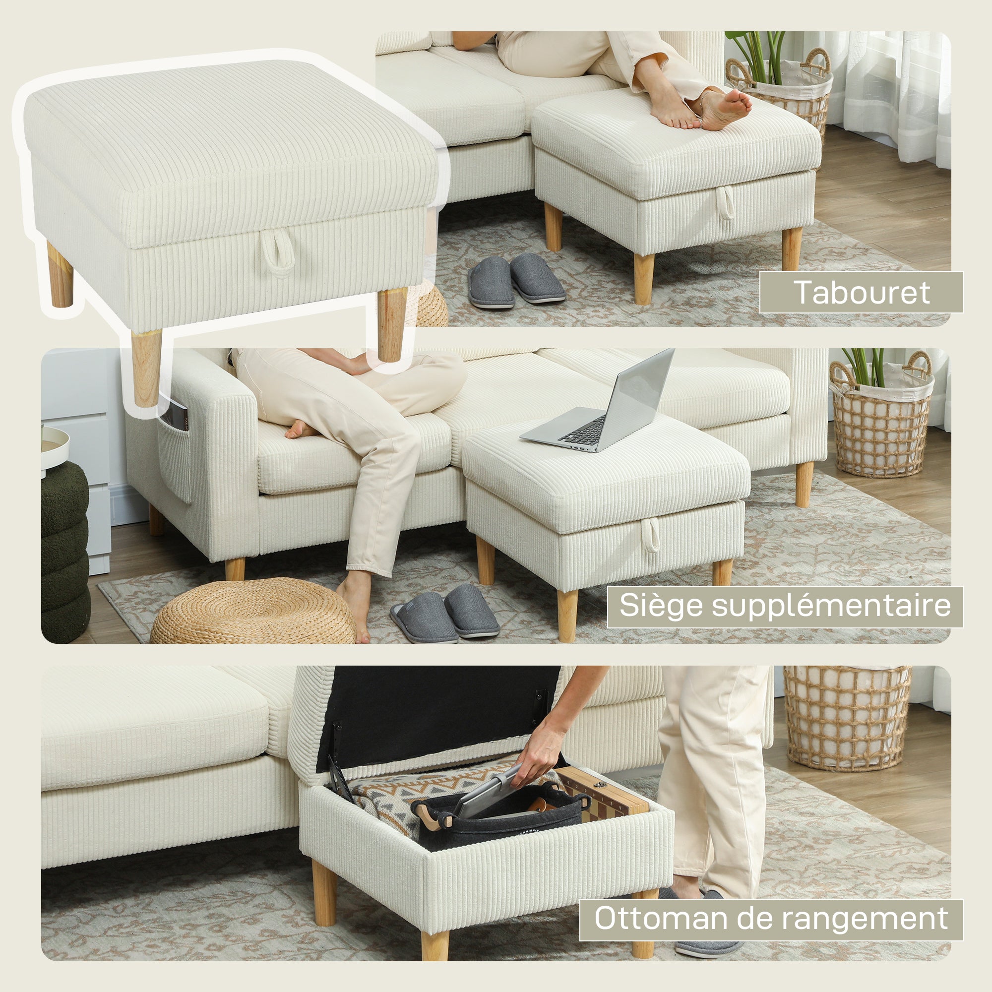Canapé 3 places avec repose-pieds, canapé en velours côtelé 192 cm, design moderne, tabouret de rangement, coussins à ressorts, assise et dossier rembourrés, pour salon, chambre, bureau, beige