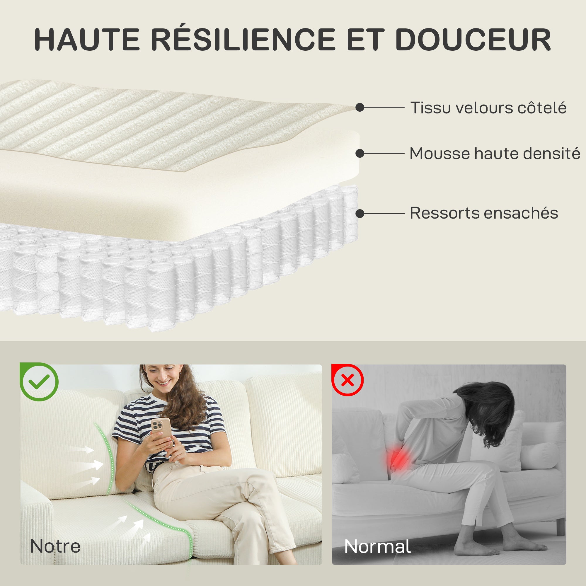 Canapé 3 places avec repose-pieds, canapé en velours côtelé 192 cm, design moderne, tabouret de rangement, coussins à ressorts, assise et dossier rembourrés, pour salon, chambre, bureau, beige