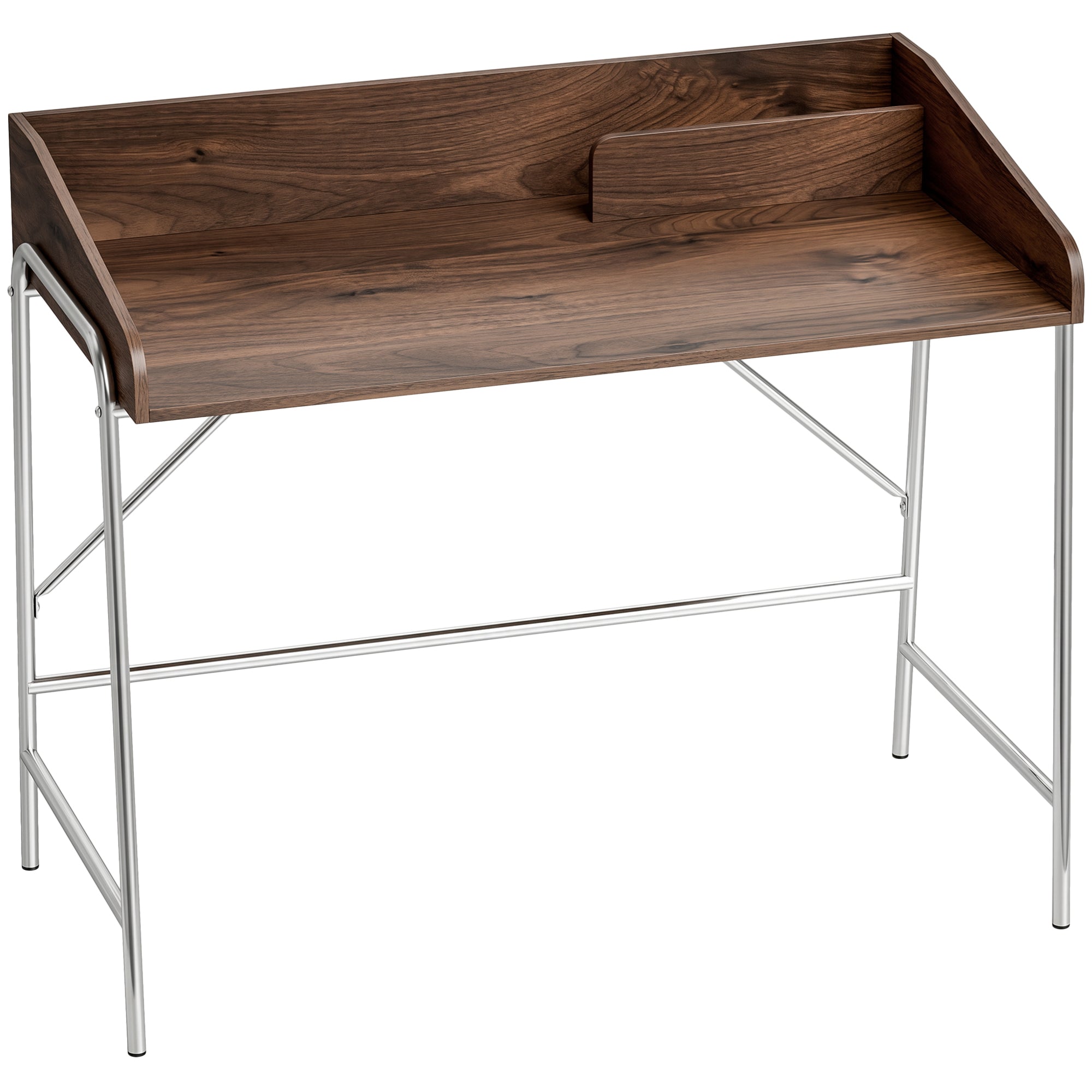 Bureau, bureau d'ordinateur 109 cm avec rebord de sécurité et structure en métal, facile à monter, table d'ordinateur moderne pour petit espace, travail à domicile ou étude, noyer