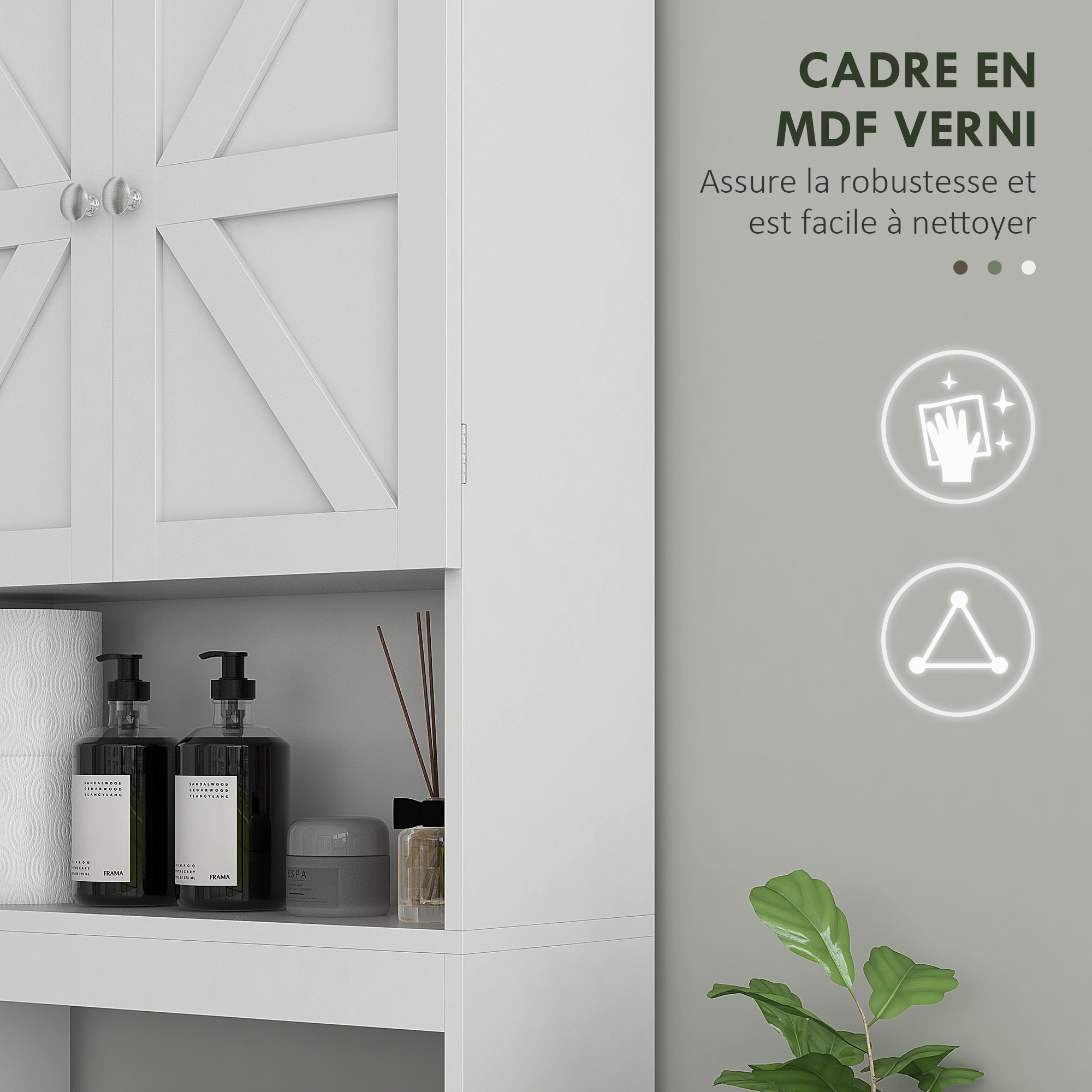 Meuble de rangement au-dessus des toilettes, meuble WC au-dessus des toilettes, meuble de salle de bain avec placard 2 portes et étagère ouverte 58,5L x 23l x 170H cm en bois - blanc