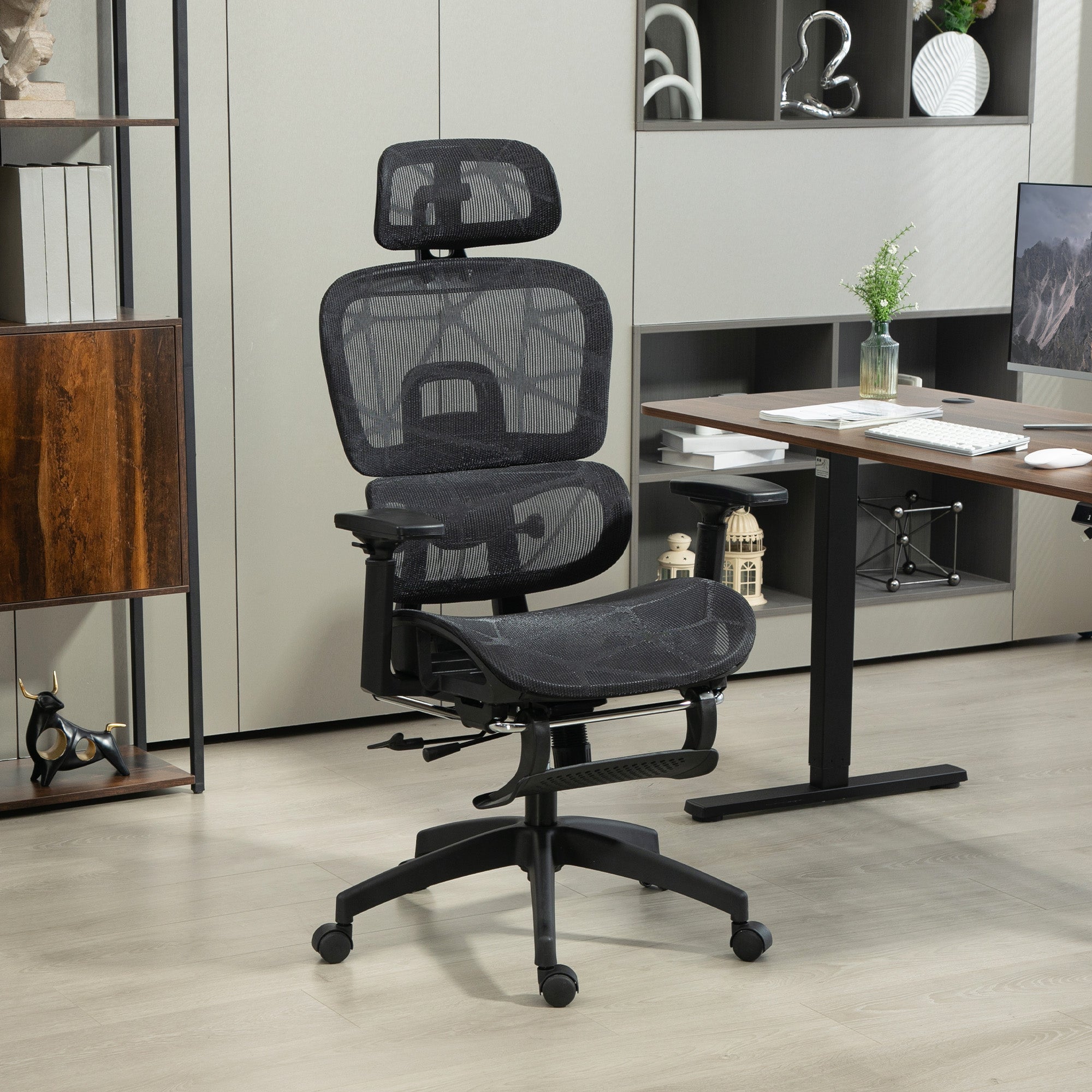 Fauteuil de bureau avec accoudoirs 3D, chaise de bureau ergonomique en maille, hauteur réglable, dossier inclinable, support lombaire, appui-tête et repose-pieds, pour chambre télétravail, noir