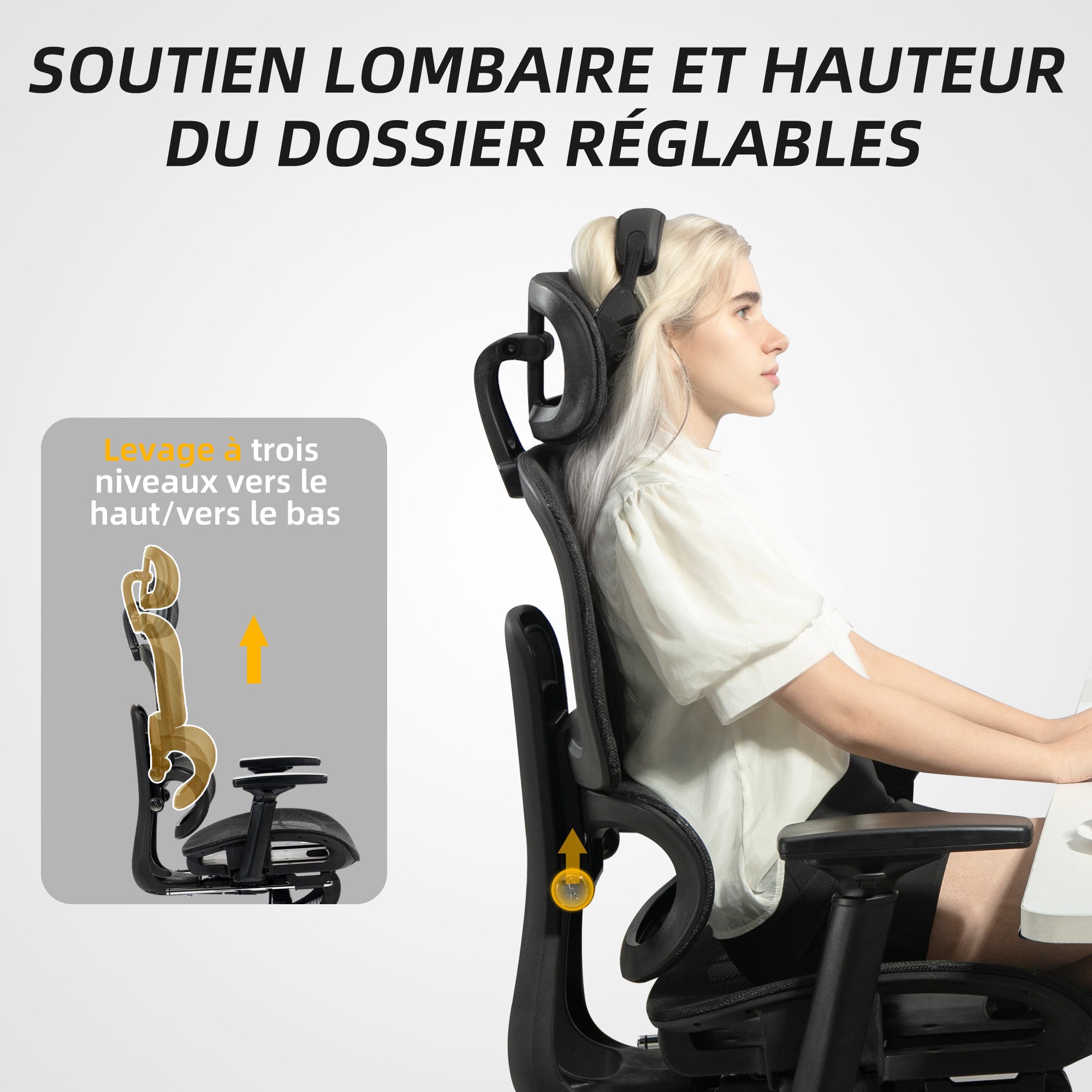 Fauteuil de bureau avec accoudoirs 3D, chaise de bureau ergonomique en maille, hauteur réglable, dossier inclinable, support lombaire, appui-tête et repose-pieds, pour chambre télétravail, noir