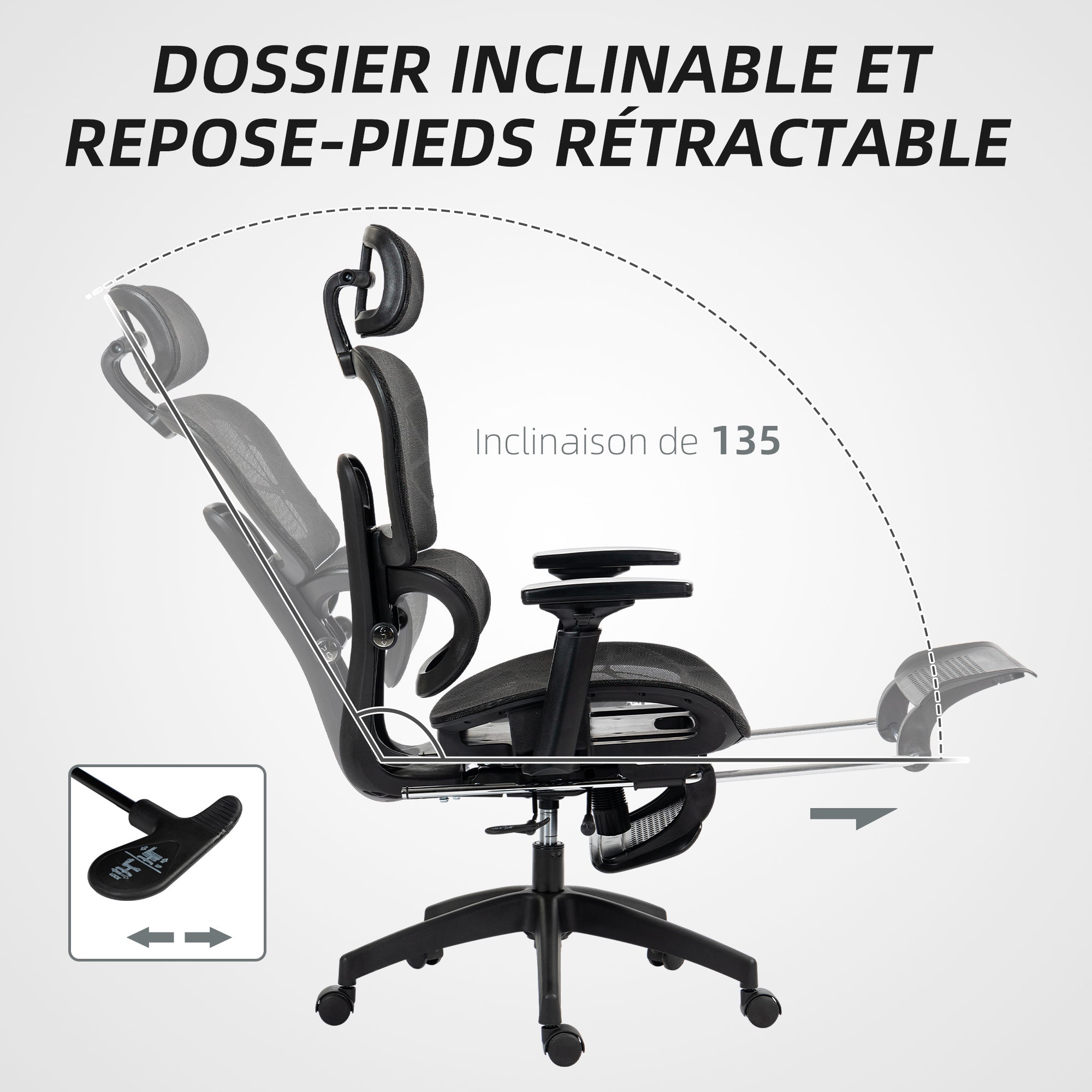 Fauteuil de bureau avec accoudoirs 3D, chaise de bureau ergonomique en maille, hauteur réglable, dossier inclinable, support lombaire, appui-tête et repose-pieds, pour chambre télétravail, noir