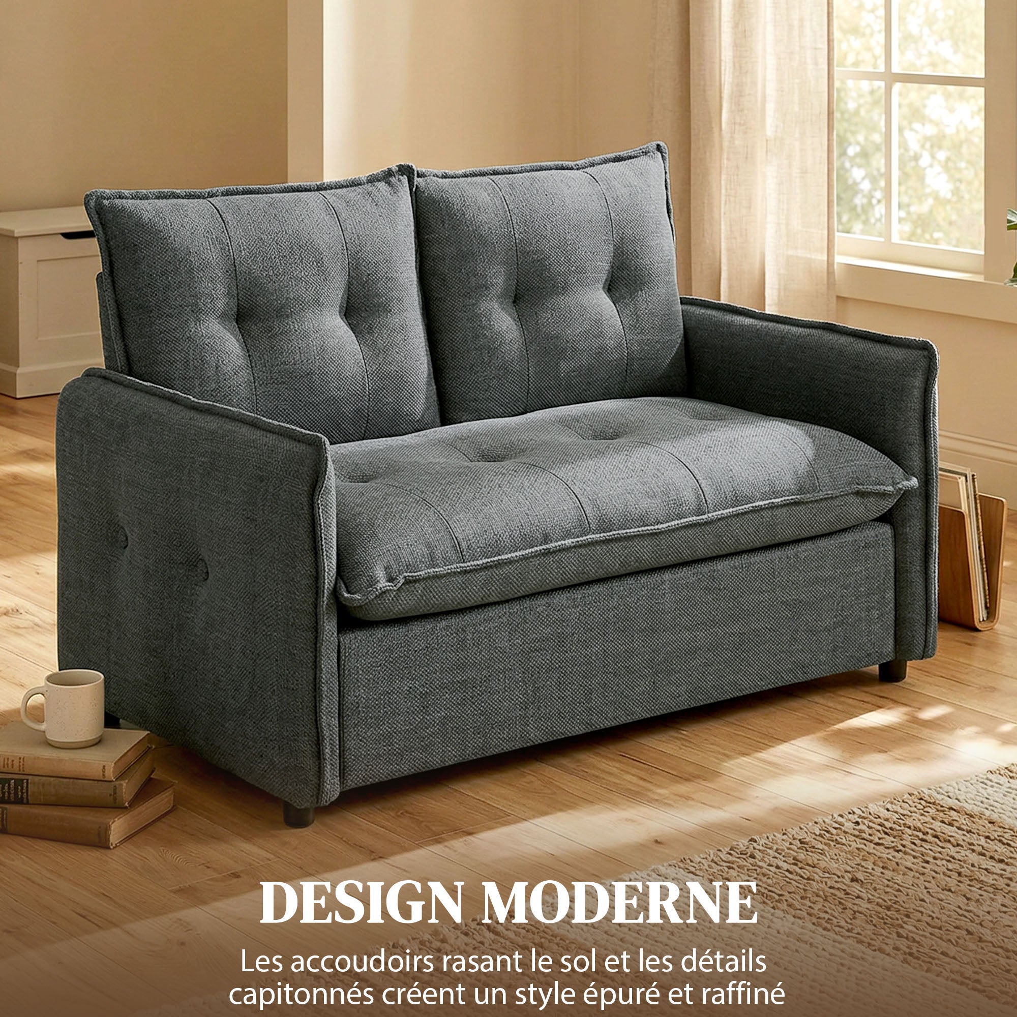 Canapé 2 places, canapé de salon moderne 131 cm avec assise rembourrée, coussins à ressorts, dossier épais et design capitonné, tissu en lin, pour chambre, appartement, petit espace, gris foncé