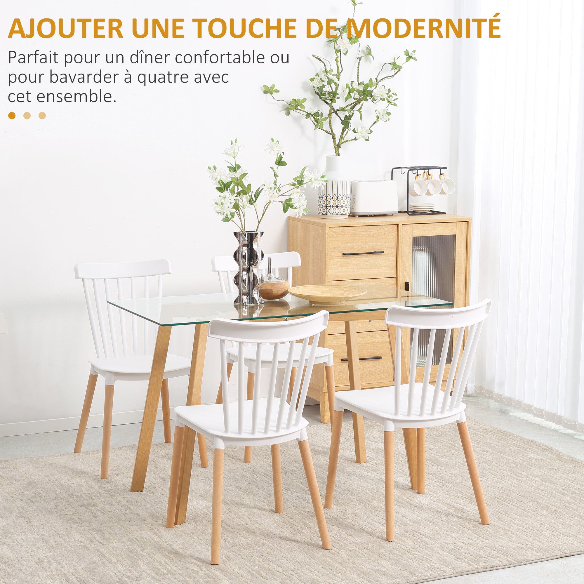 Lot de 4 chaises de salle à manger, chaises de cuisine, style scandinave, dossier haut, assise en polypropylène, pieds en hêtre, pour salon, chambre, cuisine, bureau, blanc
