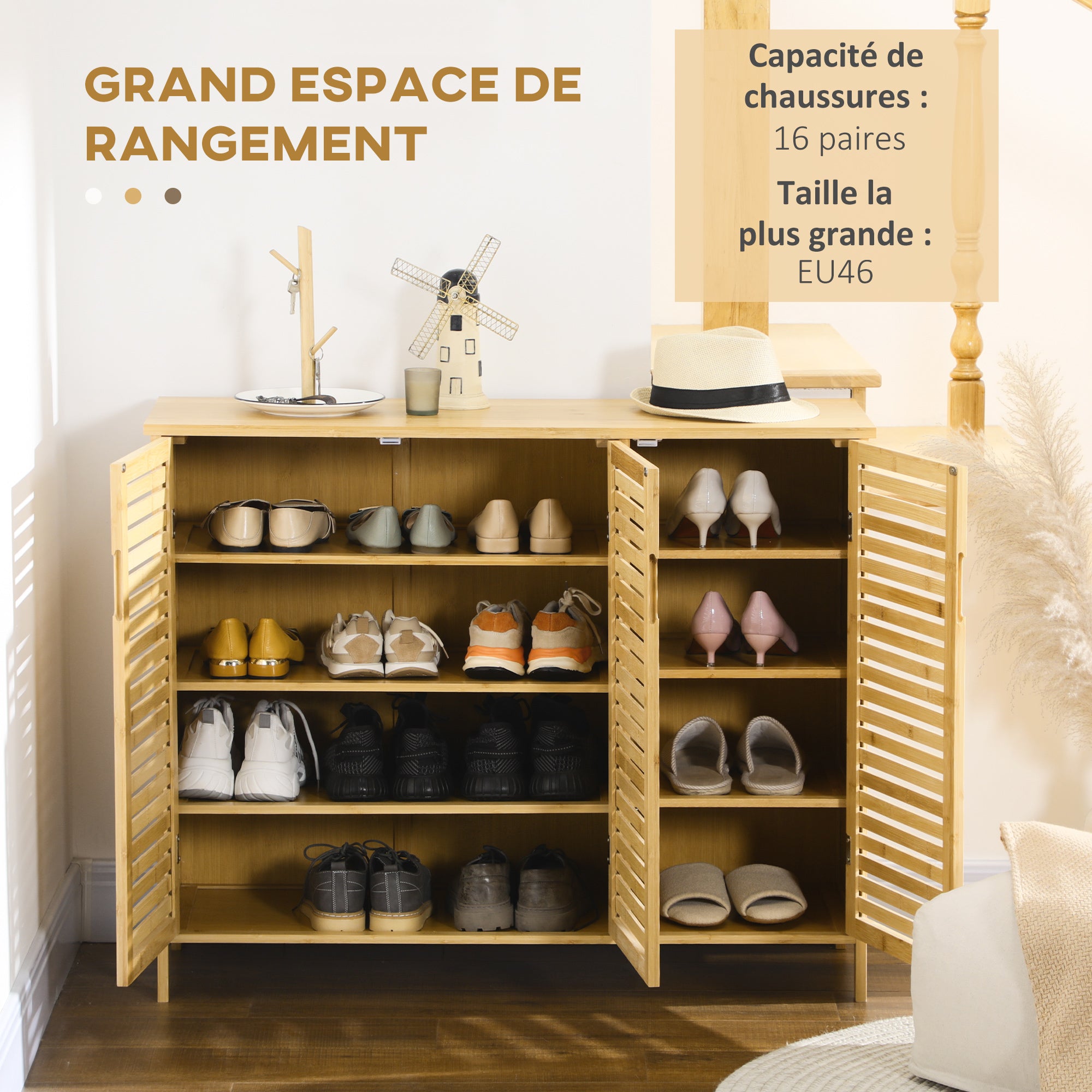 Meuble à chaussures armoire à chaussures style naturel - 3 portes ajourées et étagères en bambou - dim. 100L x 35l x 80H cm bois naturel