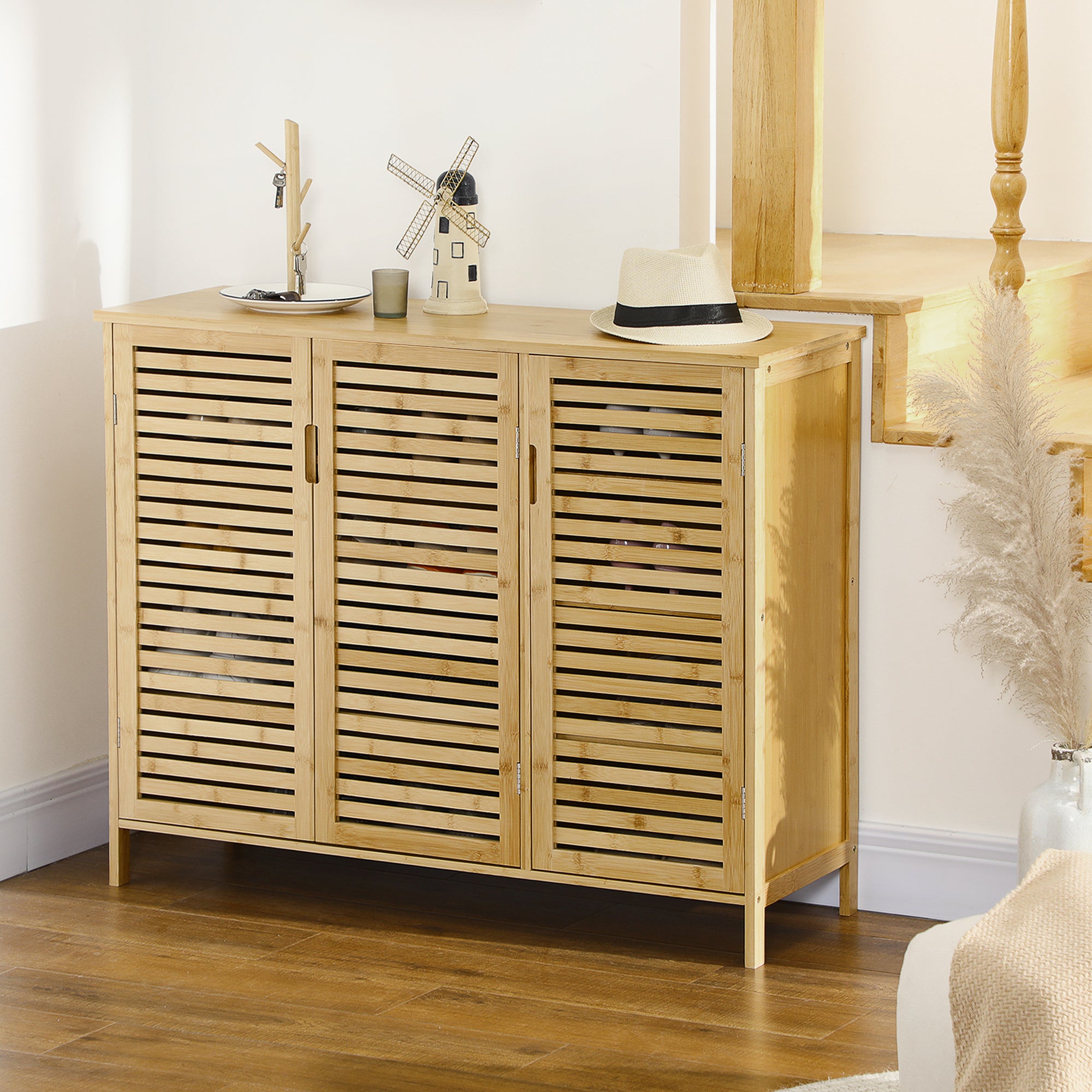 Meuble à chaussures armoire à chaussures style naturel - 3 portes ajourées et étagères en bambou - dim. 100L x 35l x 80H cm bois naturel