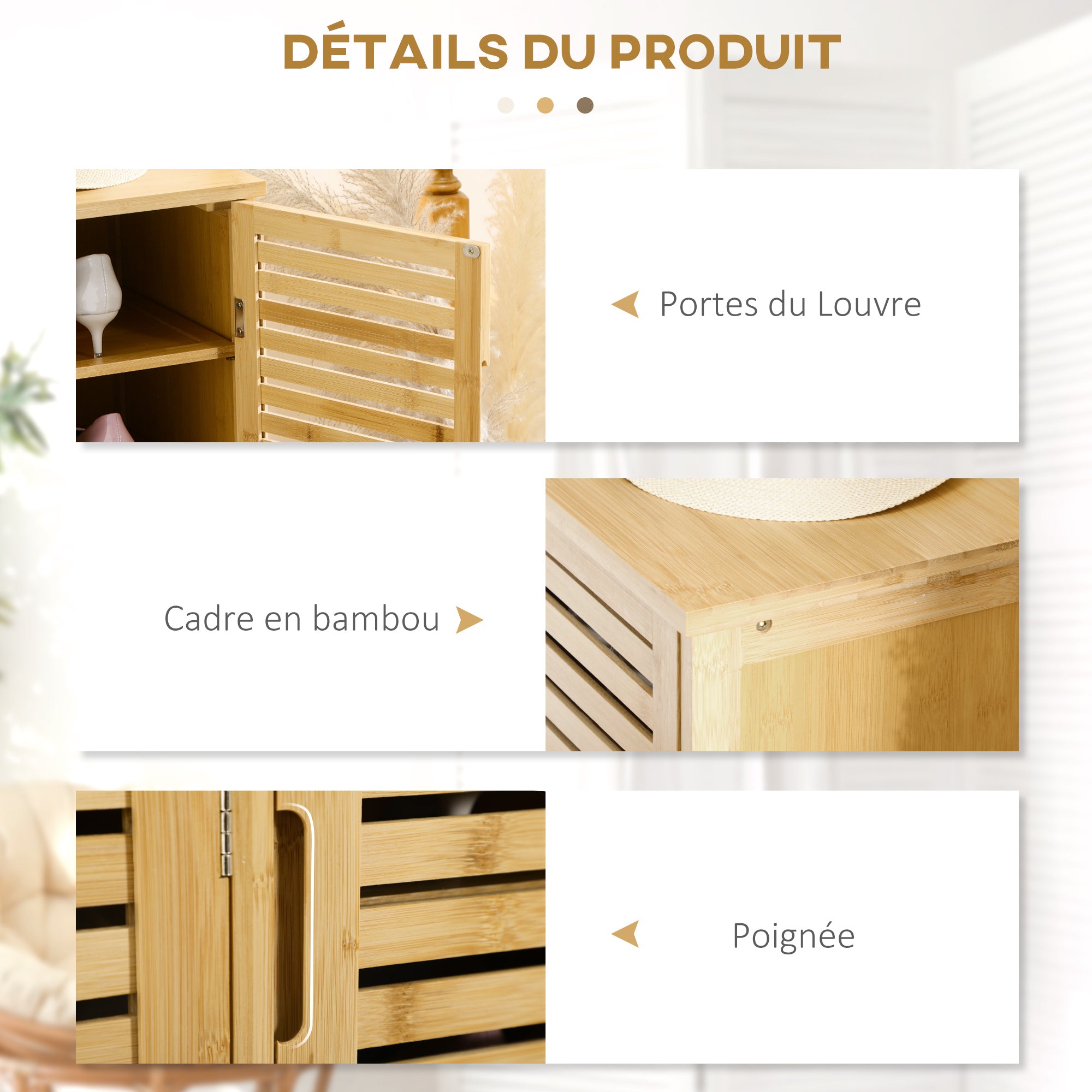 Meuble à chaussures armoire à chaussures style naturel - 3 portes ajourées et étagères en bambou - dim. 100L x 35l x 80H cm bois naturel