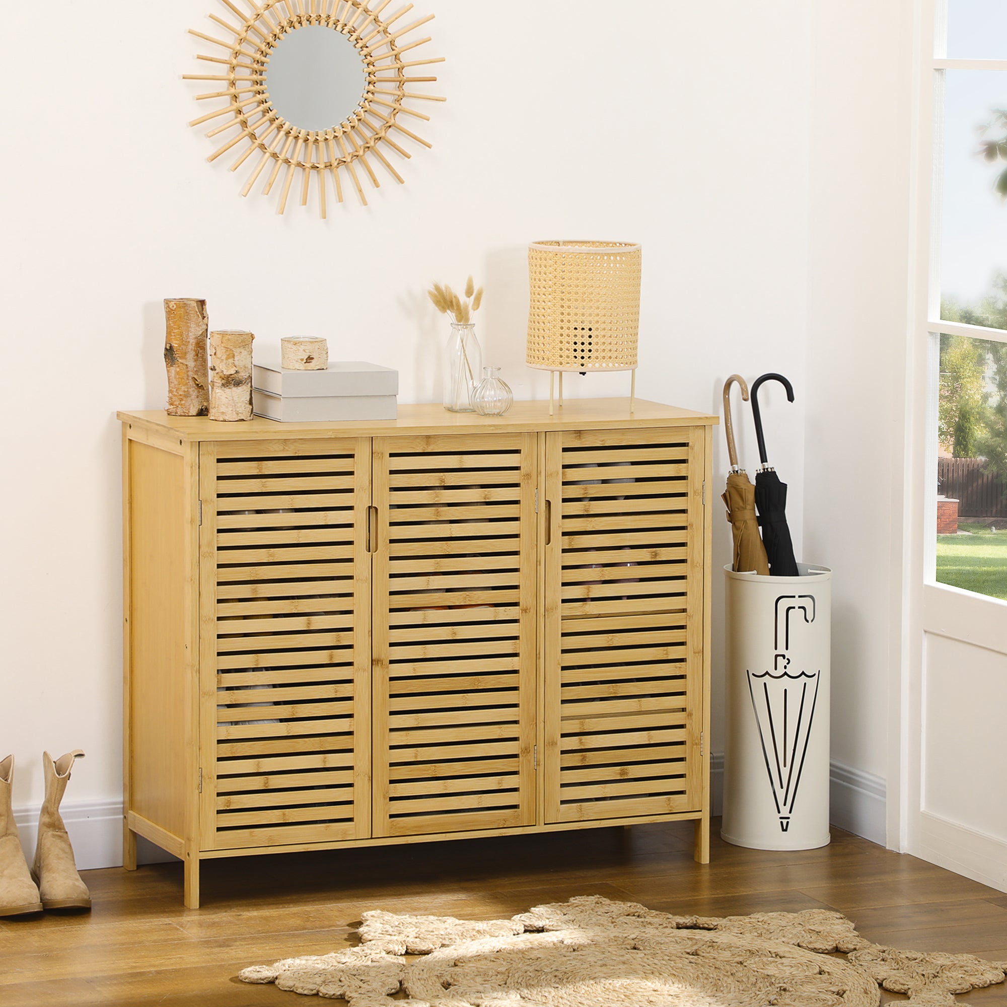 Meuble à chaussures armoire à chaussures style naturel - 3 portes ajourées et étagères en bambou - dim. 100L x 35l x 80H cm bois naturel