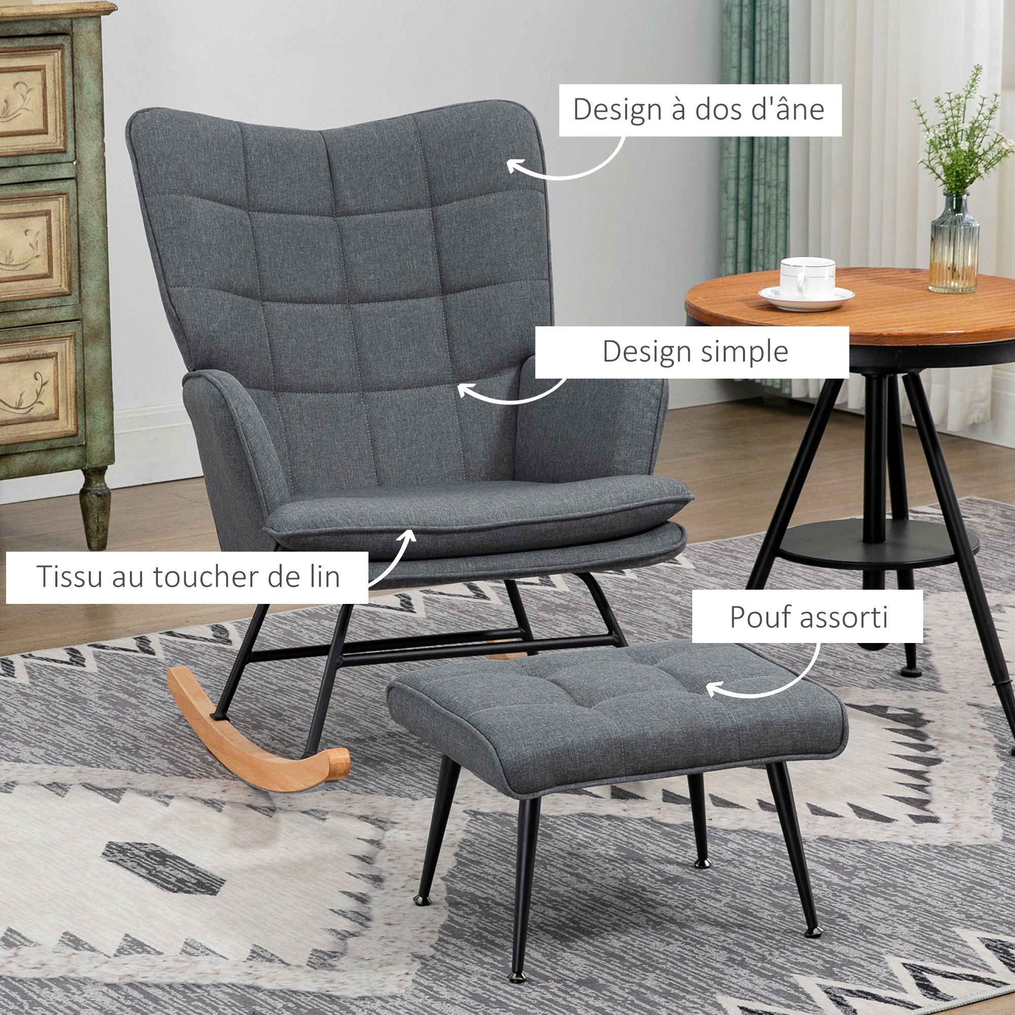 Fauteuil à bascule avec repose-pieds, rocking chair en tissu aspect lin, assise large, dossier haut, coussin inclus, chaise à bascule pour salon, chambre, gris
