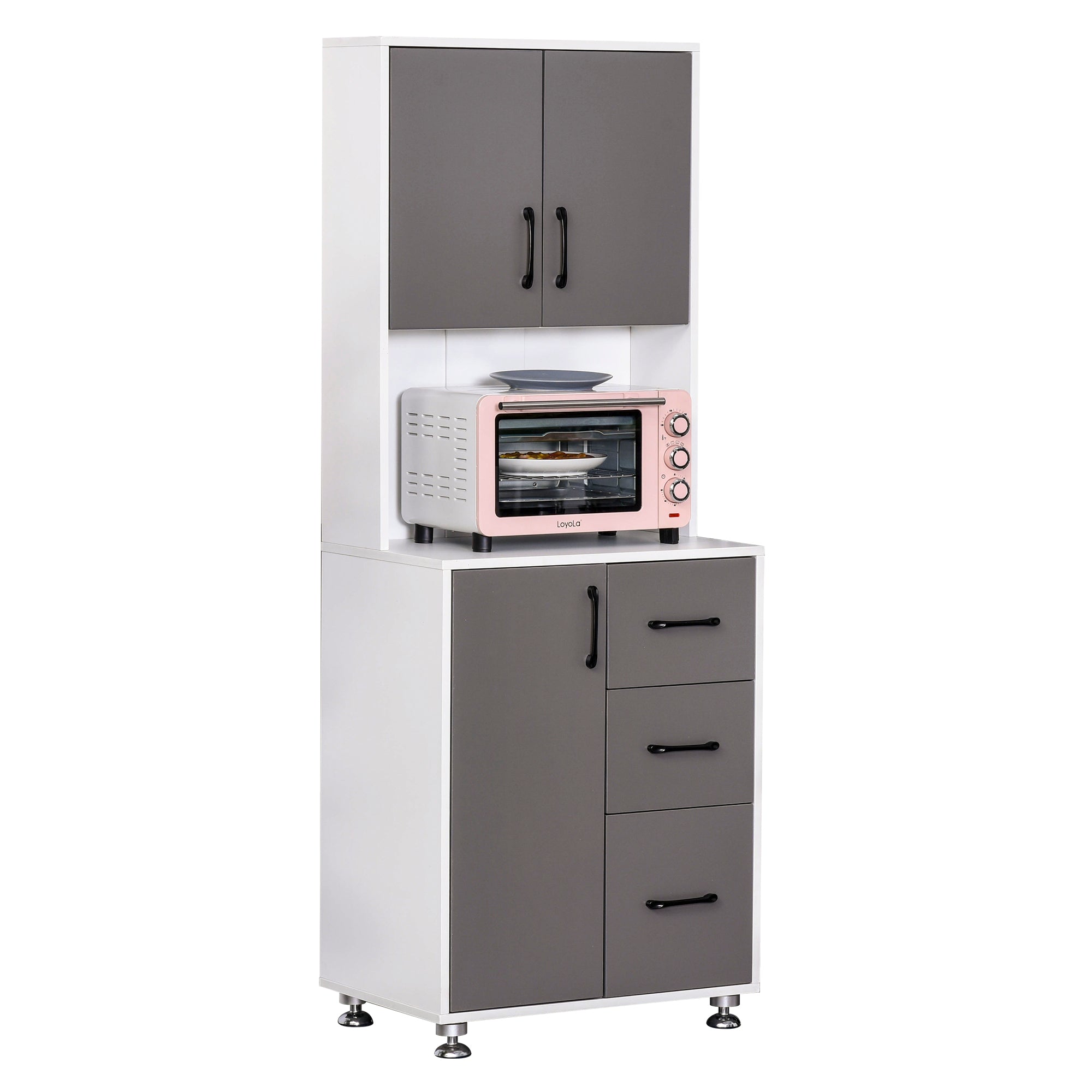 Buffet de cuisine armoire de cuisine multi-rangements 2 + 1 porte 3 tiroirs + grand plateau dim. 60L x 40l x 160H cm bicolore gris blanc