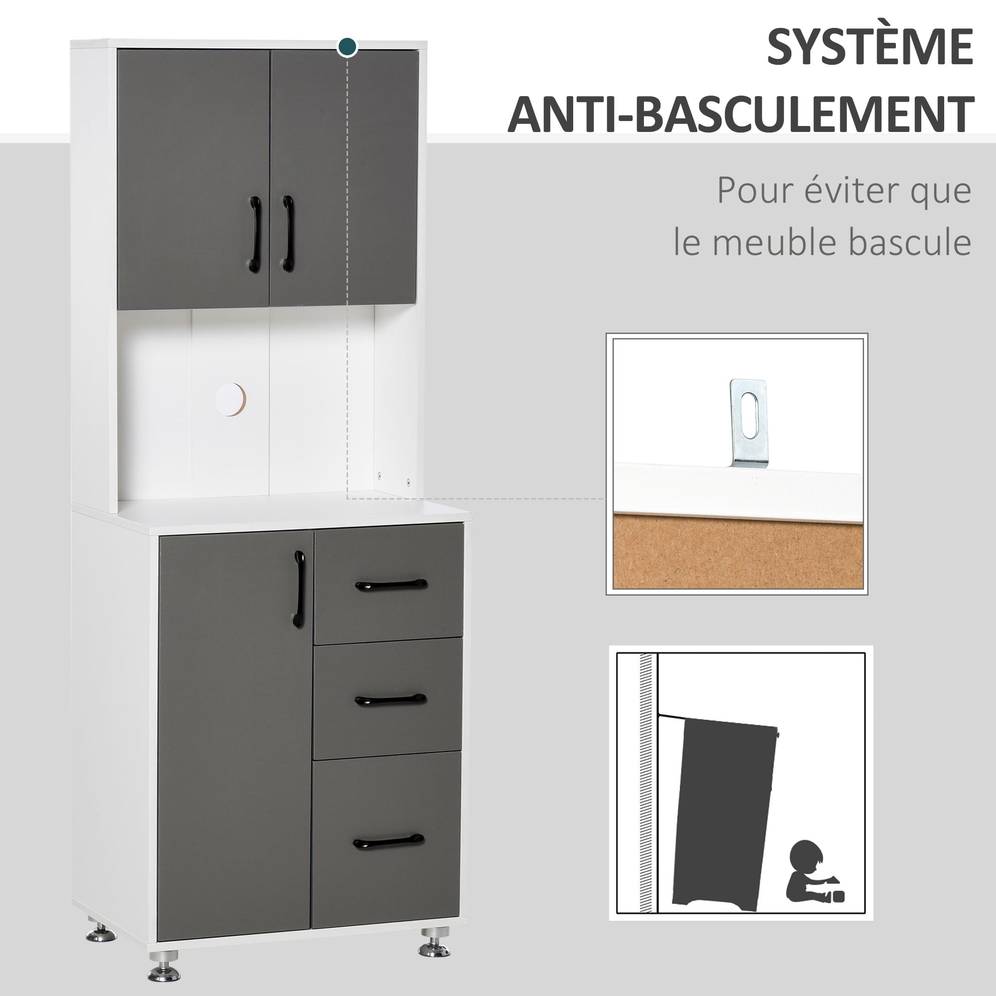 Buffet de cuisine armoire de cuisine multi-rangements 2 + 1 porte 3 tiroirs + grand plateau dim. 60L x 40l x 160H cm bicolore gris blanc