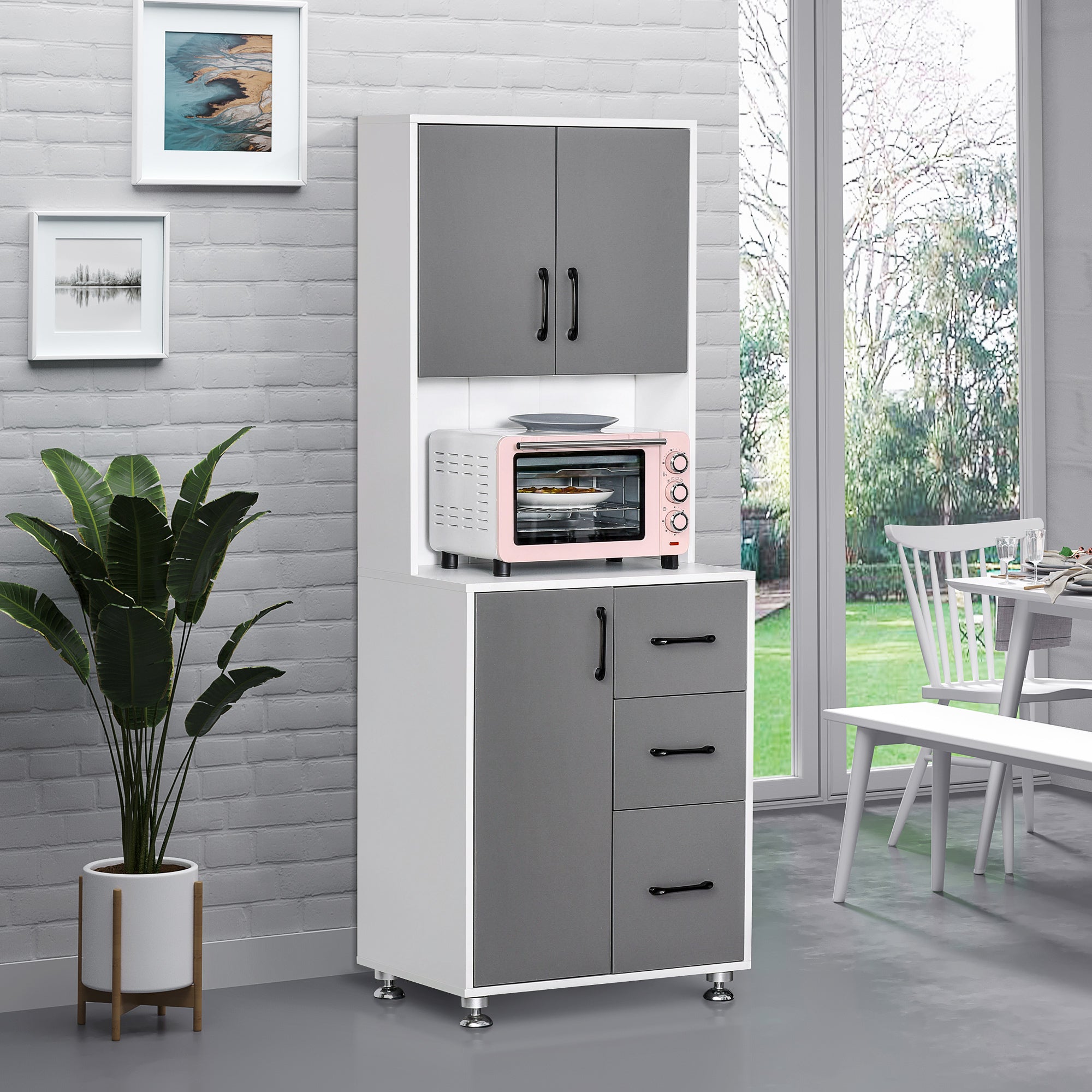 Buffet de cuisine armoire de cuisine multi-rangements 2 + 1 porte 3 tiroirs + grand plateau dim. 60L x 40l x 160H cm bicolore gris blanc