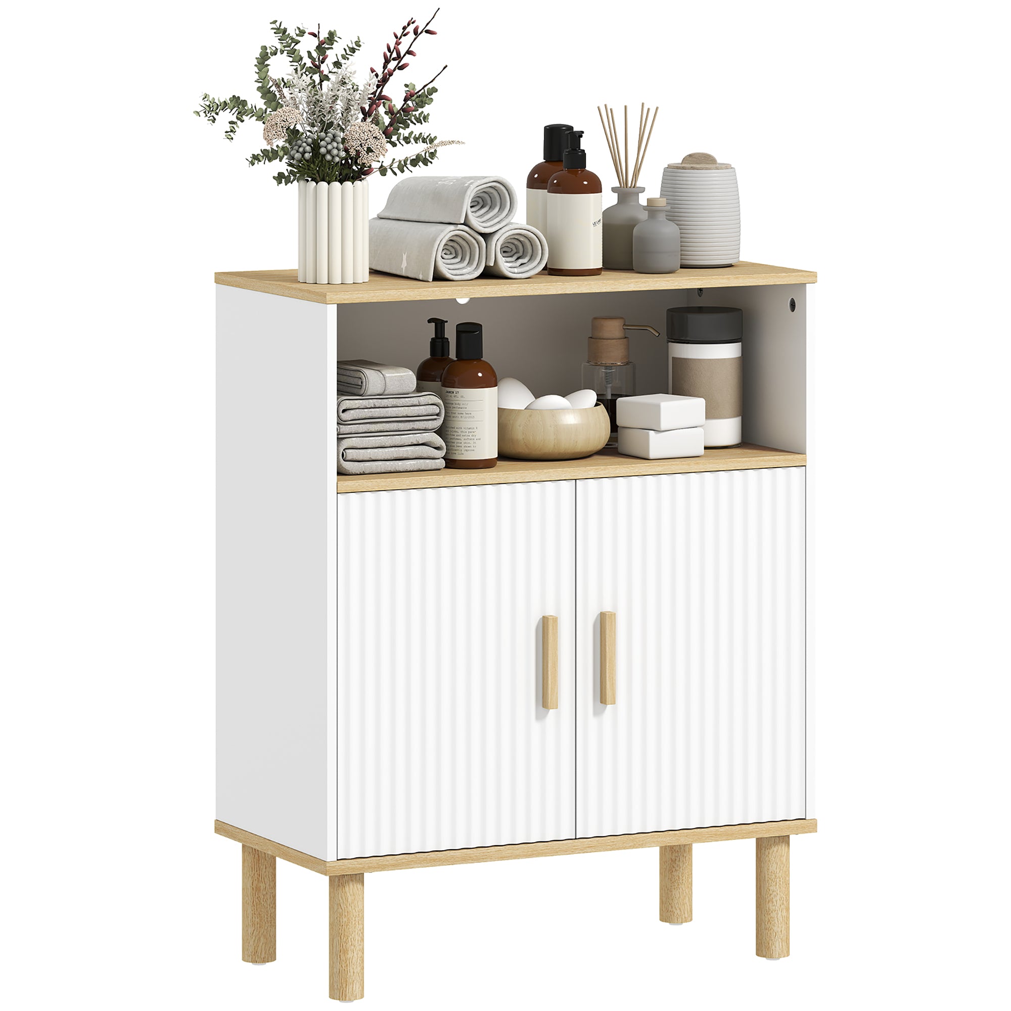 Meuble de salle de bain, meuble de rangement avec 2 portes, compartiment ouvert et étagère réglable, armoire salle de bain, salon, chambre, 60 x 29,5 x 76,5 cm, blanc et bois naturel