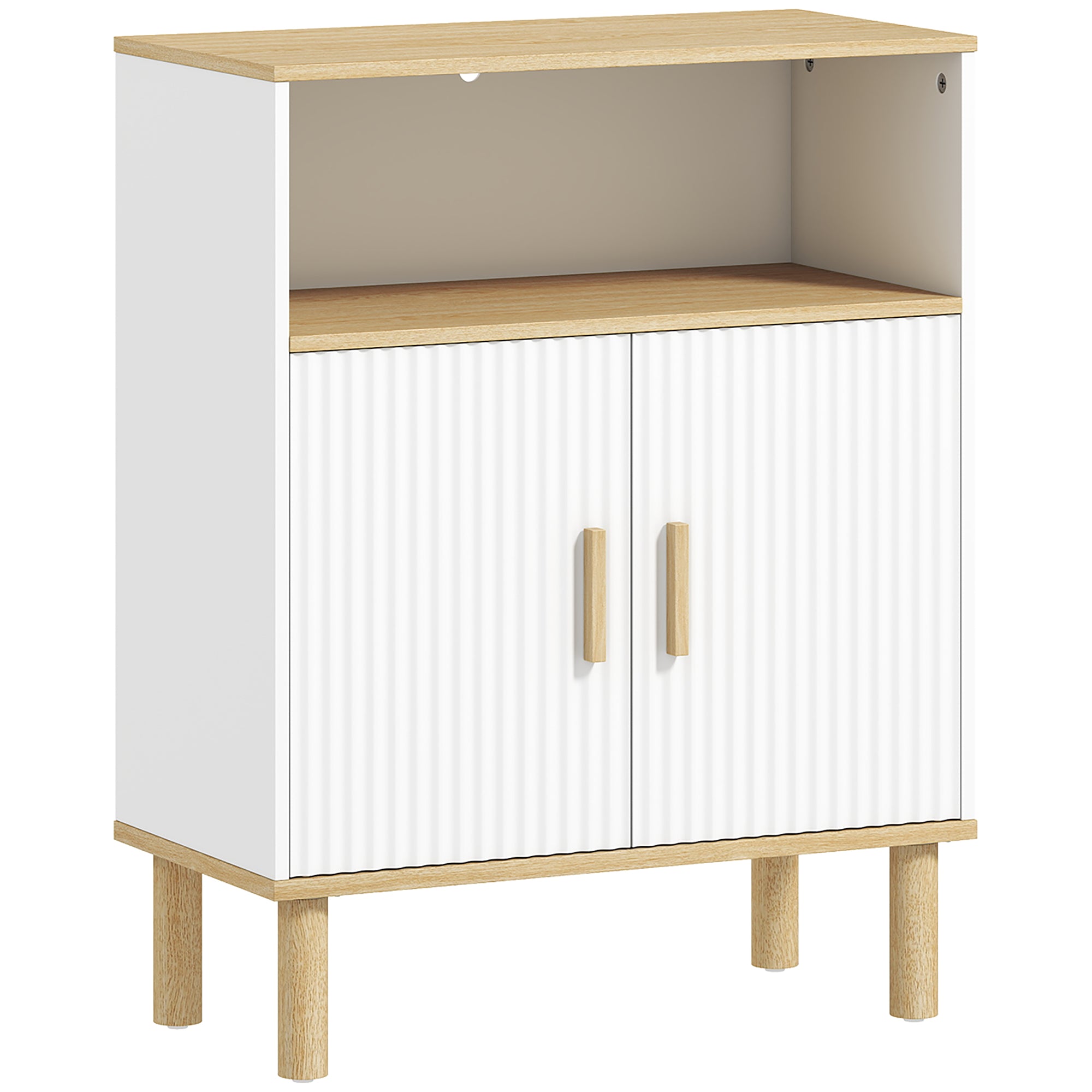 Meuble de salle de bain, meuble de rangement avec 2 portes, compartiment ouvert et étagère réglable, armoire salle de bain, salon, chambre, 60 x 29,5 x 76,5 cm, blanc et bois naturel