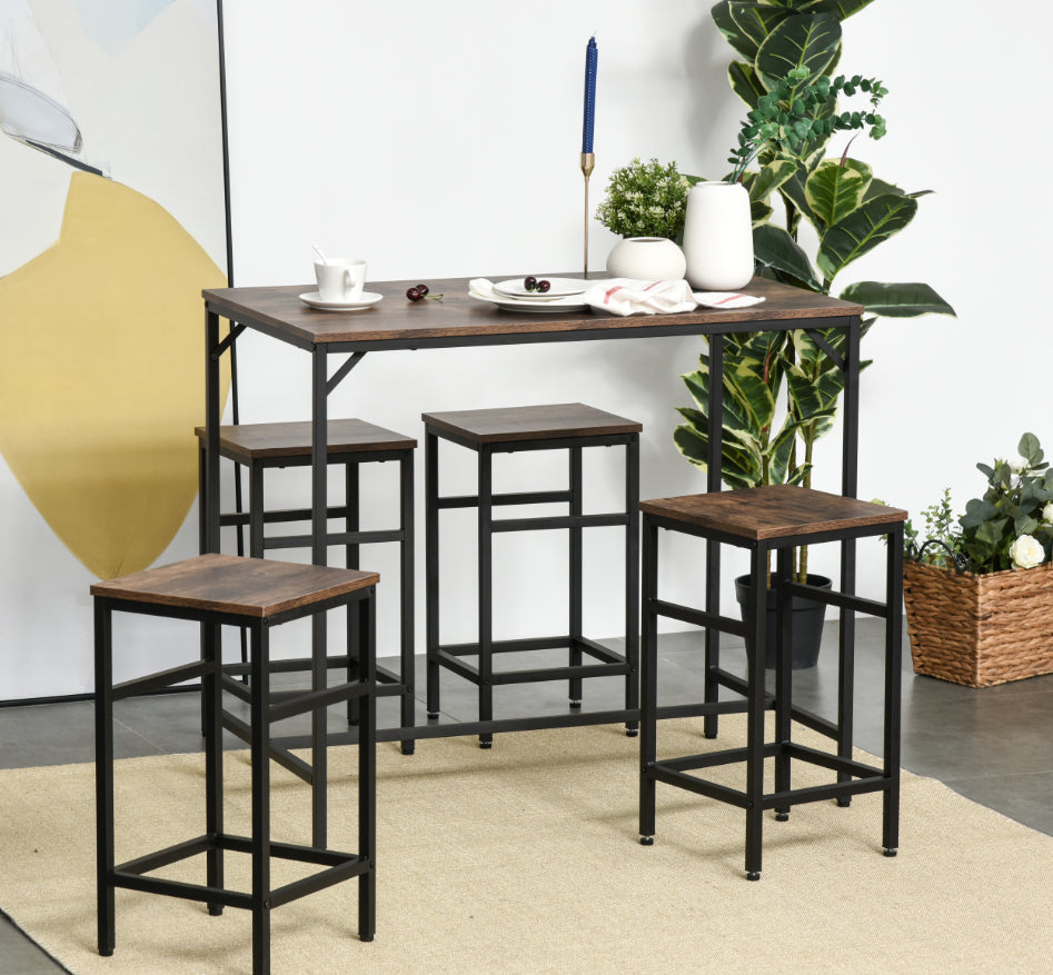 Ensemble Table de Bar Industriel + 4 tabourets Repose-Pieds en Bois couleur Chêne Cadre en métal Noir