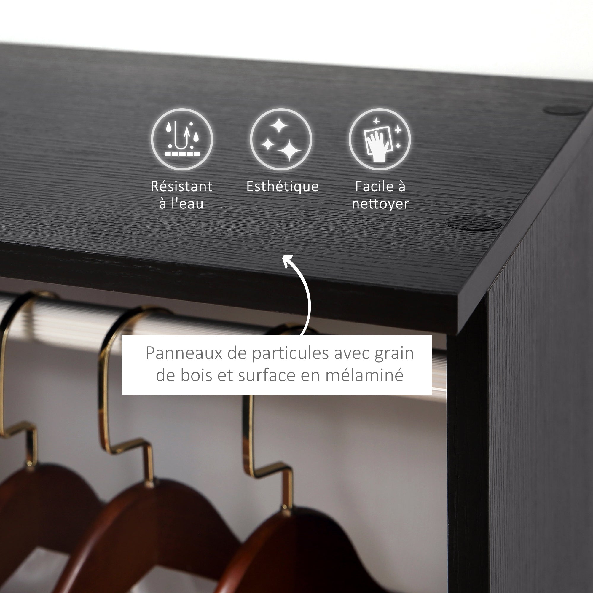 Armoire penderie Meuble de Rangement Mobile 6 roulettes 120L x 40l x 128H cm en bois Noir