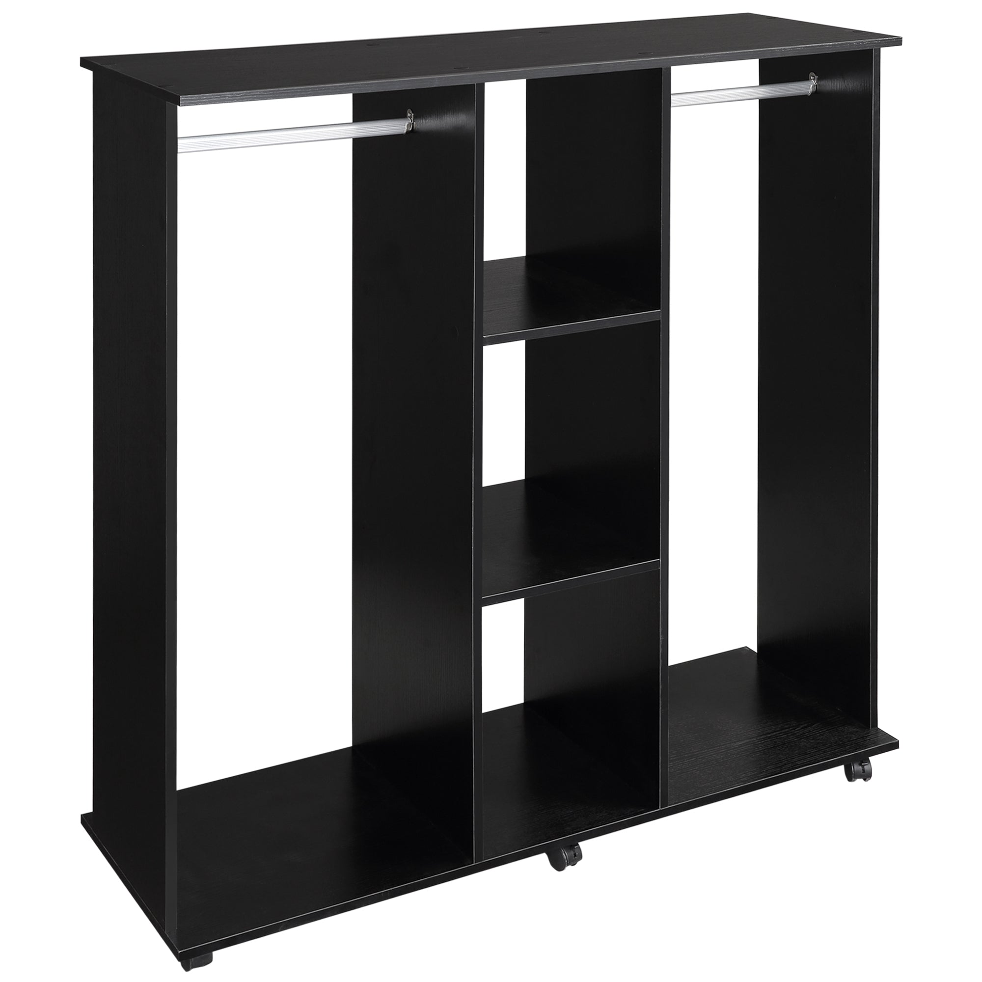 Armoire penderie Meuble de Rangement Mobile 6 roulettes 120L x 40l x 128H cm en bois Noir
