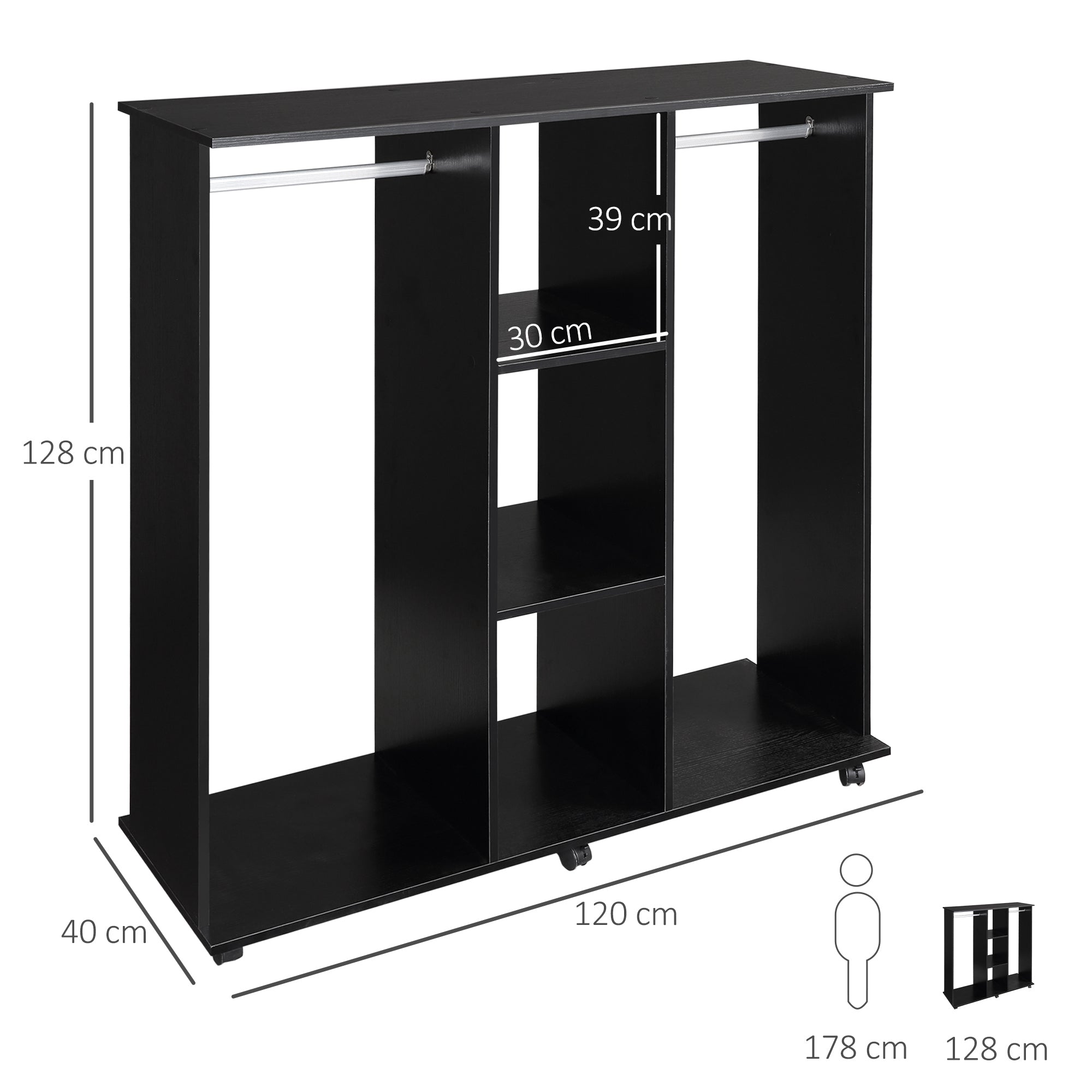Armoire penderie Meuble de Rangement Mobile 6 roulettes 120L x 40l x 128H cm en bois Noir