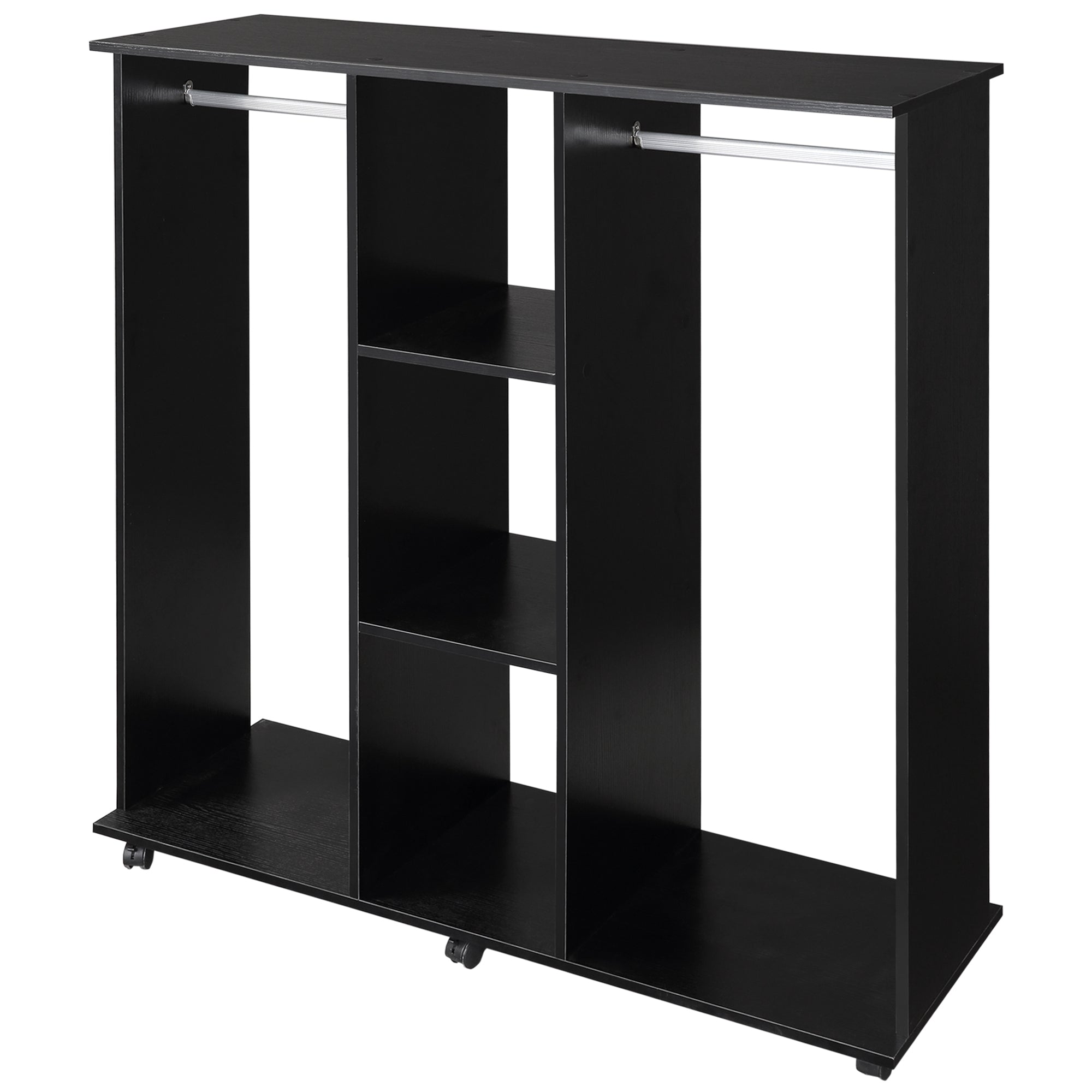 Armoire penderie Meuble de Rangement Mobile 6 roulettes 120L x 40l x 128H cm en bois Noir