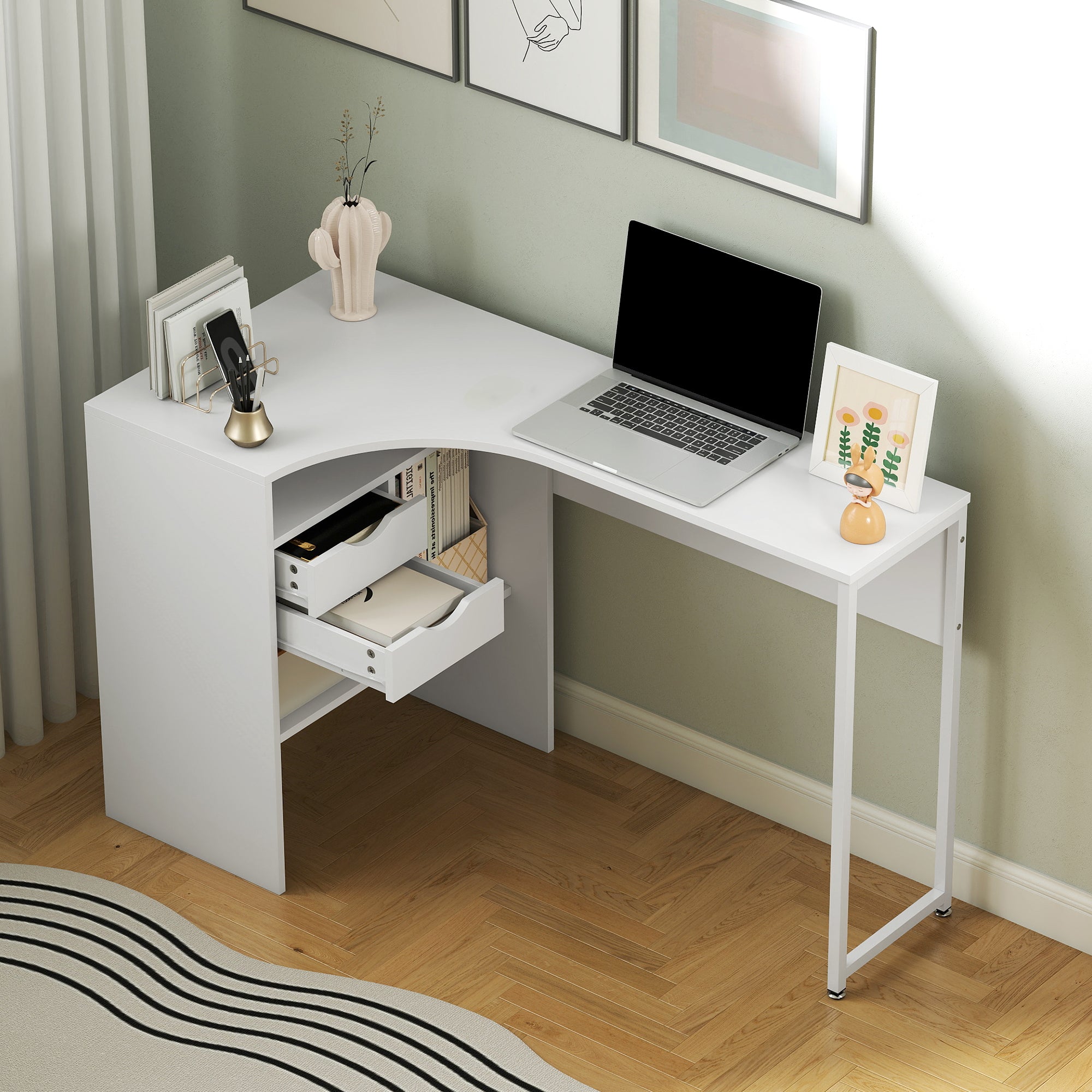 Bureau d'angle avec 2 tiroirs, 120 x 60 cm, bureau en L avec 3 compartiments ouverts, table informatique pour étudier, travailler, chambre, maison, blanc