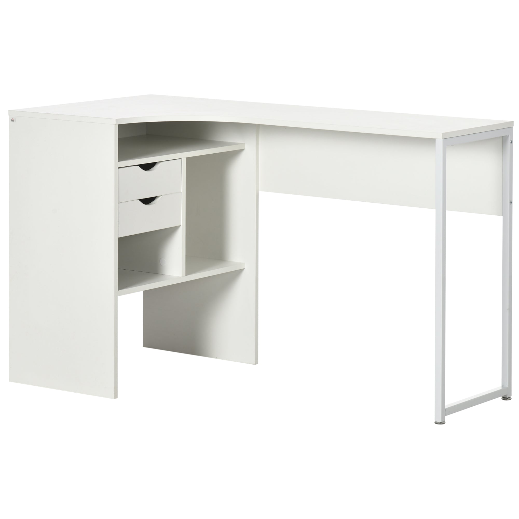 Bureau d'angle avec 2 tiroirs, 120 x 60 cm, bureau en L avec 3 compartiments ouverts, table informatique pour étudier, travailler, chambre, maison, blanc