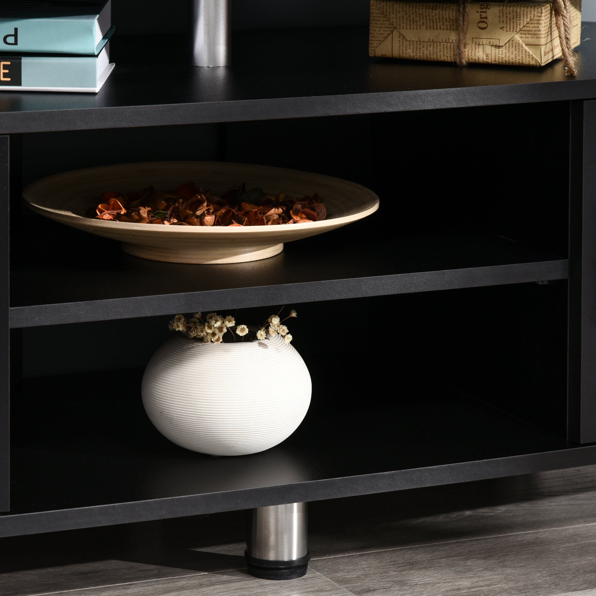 Meuble TV meuble télé bois banc TV pour téléviseur jusqu'à 55 pouces avec grand plateau, placards à portes et compartiment ouvert pour salon chambre à coucher, 120 x 40 x 52 cm, noir