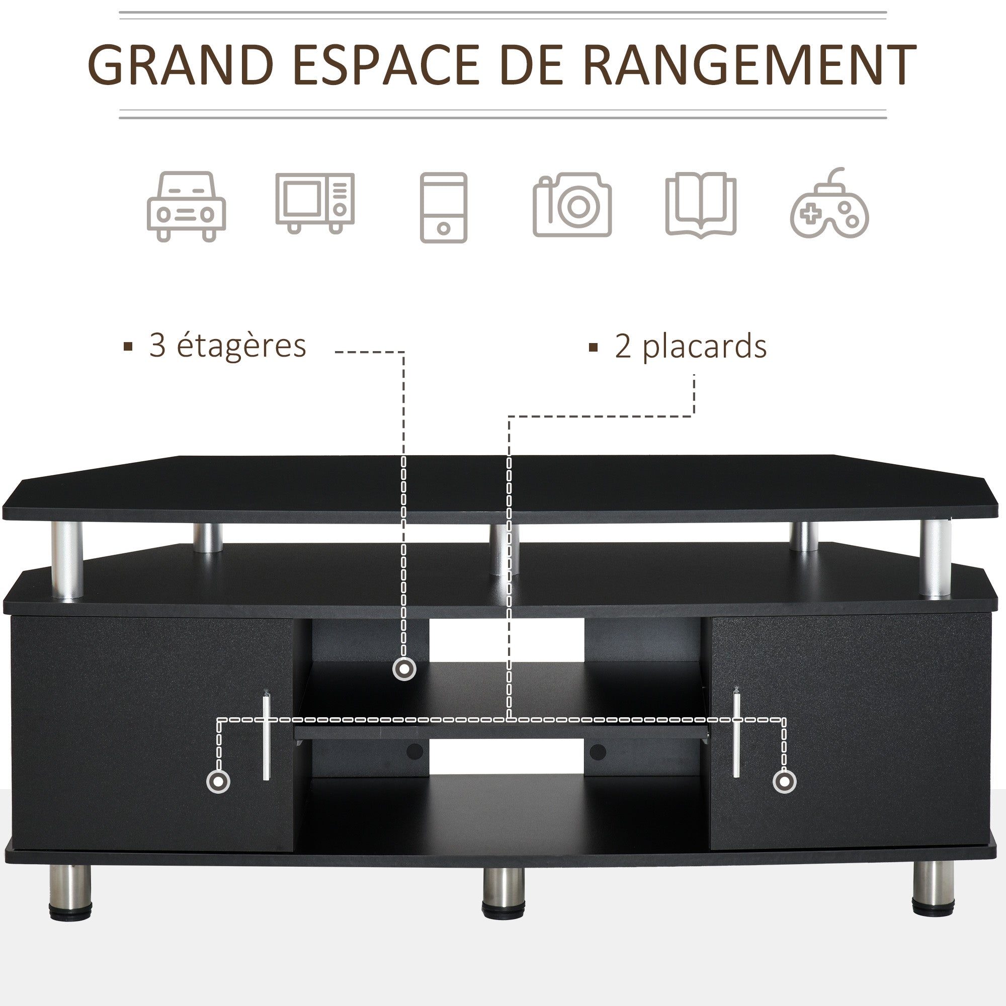 Meuble TV meuble télé bois banc TV pour téléviseur jusqu'à 55 pouces avec grand plateau, placards à portes et compartiment ouvert pour salon chambre à coucher, 120 x 40 x 52 cm, noir