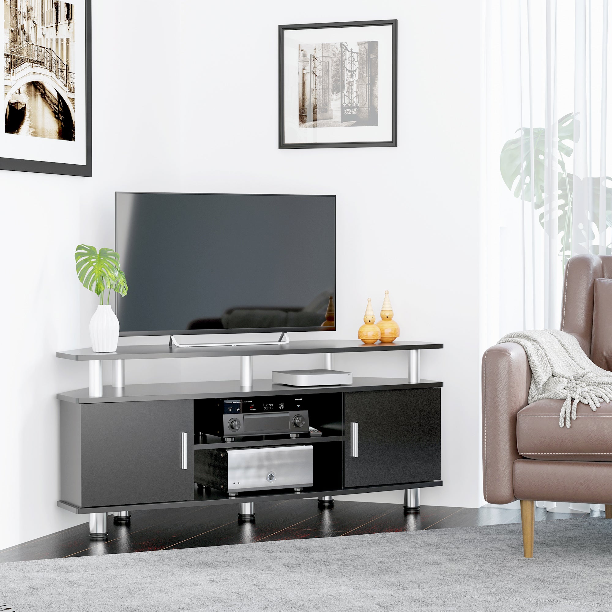 Meuble TV meuble télé bois banc TV pour téléviseur jusqu'à 55 pouces avec grand plateau, placards à portes et compartiment ouvert pour salon chambre à coucher, 120 x 40 x 52 cm, noir