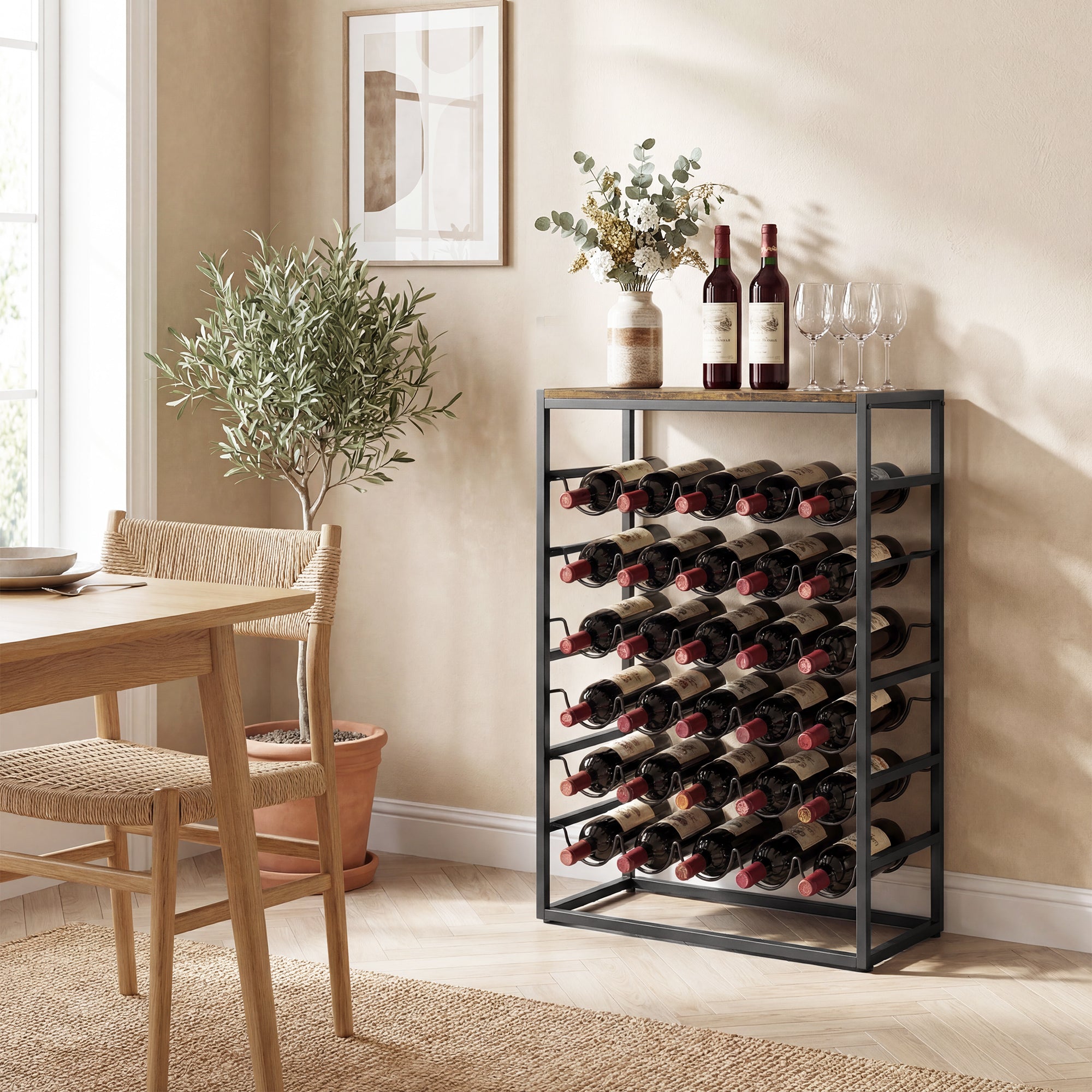 Casier à bouteilles pour 30 bouteilles, étagère à vin avec 6 niveaux avec plateau effet bois, style industriel, casier à vin en métal, pour cave, bars, sous-sols, 59x30x88,5cm, brun rustique