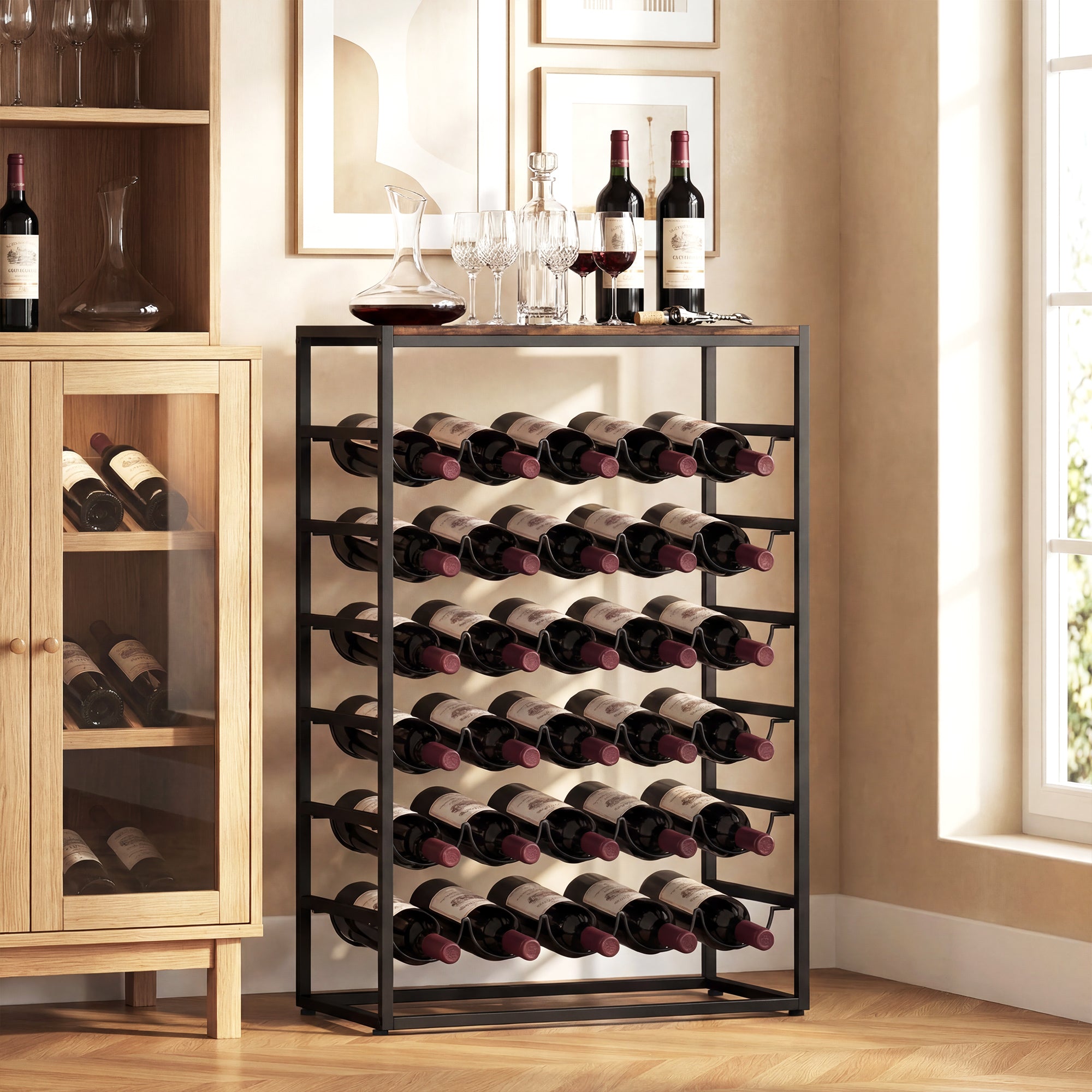 Casier à bouteilles pour 30 bouteilles, étagère à vin avec 6 niveaux avec plateau effet bois, style industriel, casier à vin en métal, pour cave, bars, sous-sols, 59x30x88,5cm, brun rustique