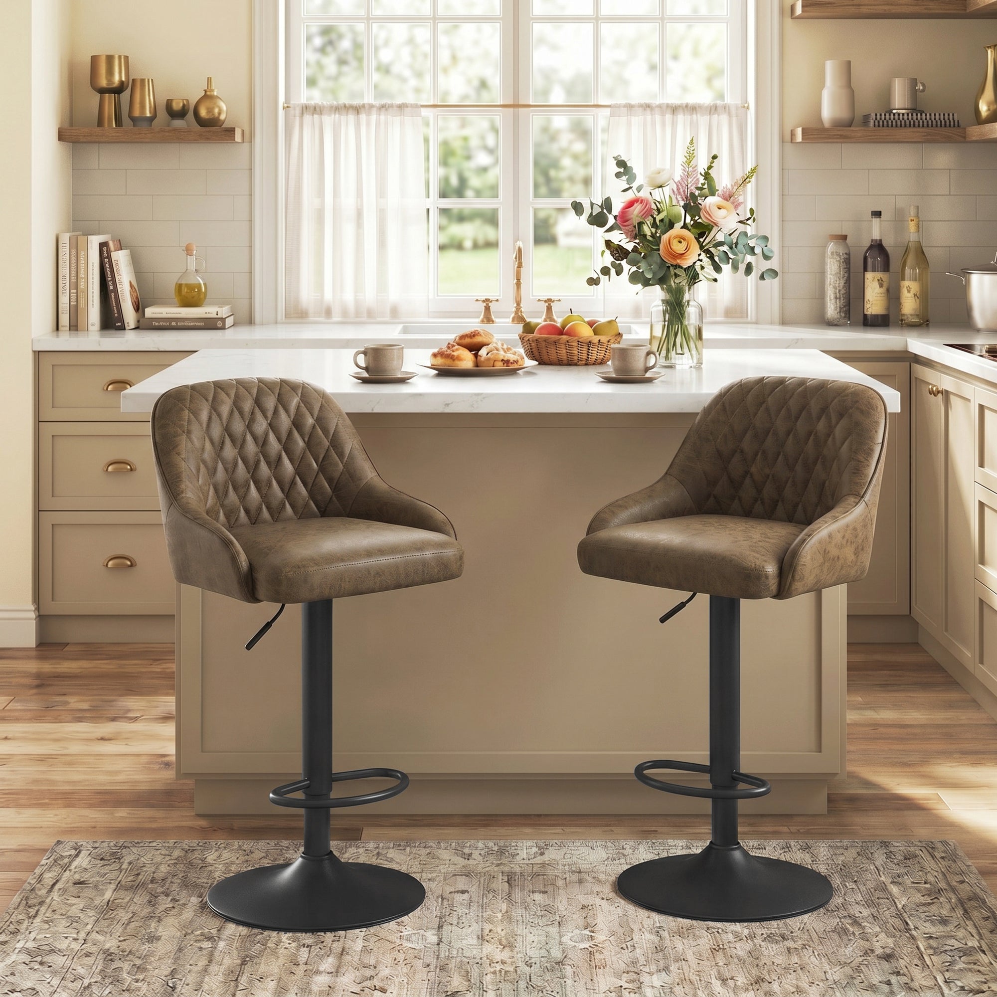 Lot de 2 Tabourets de Bar, Tabourets Hauts Cuisine avec Siège Pivotant et Hauteur Réglable, Chaises de Bar en PU avec Dossier pour Îlot de Cuisine, Salle à Manger, Marron Foncé